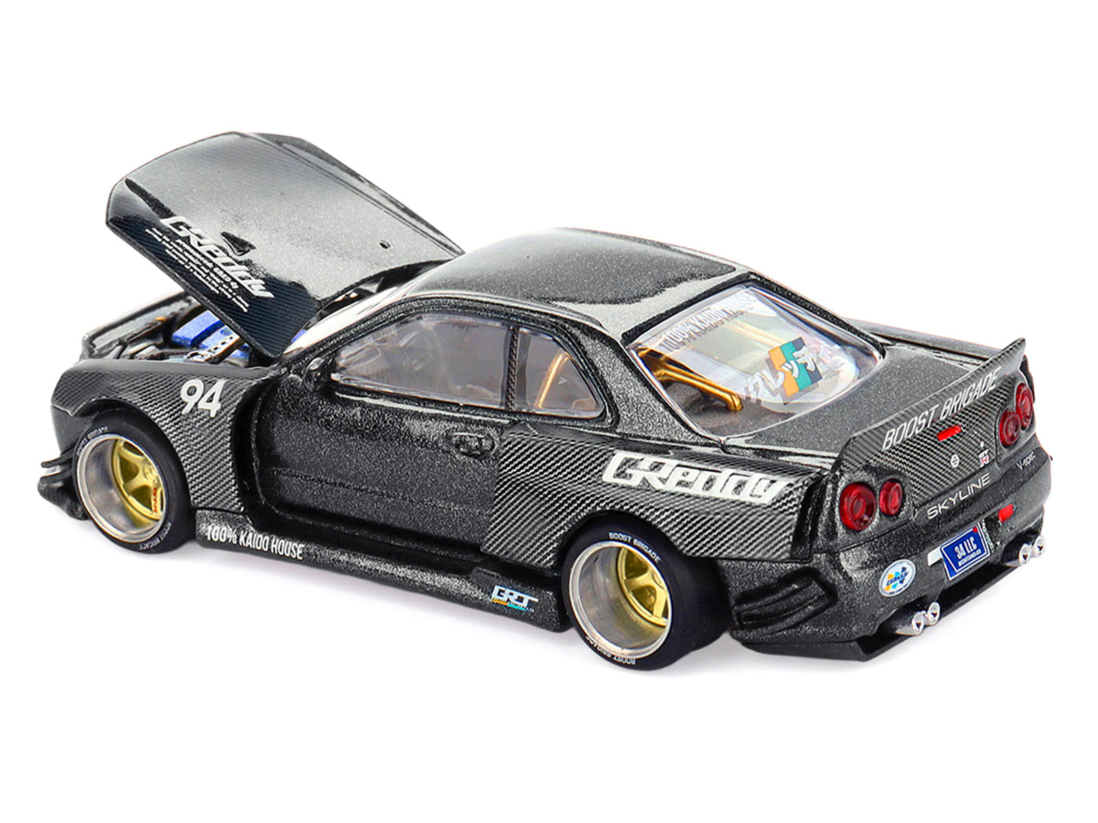 Nissan Skyline GT-R (R34) RHD (Right Hand Drive) #94 "Kaido Works GReddy V2" Carbon Fiber and Dark Gray Metallic (Designed by Jun Imai) "Kaido House" Special 1/64 Diecast Model Car by Mini GT - Image 5