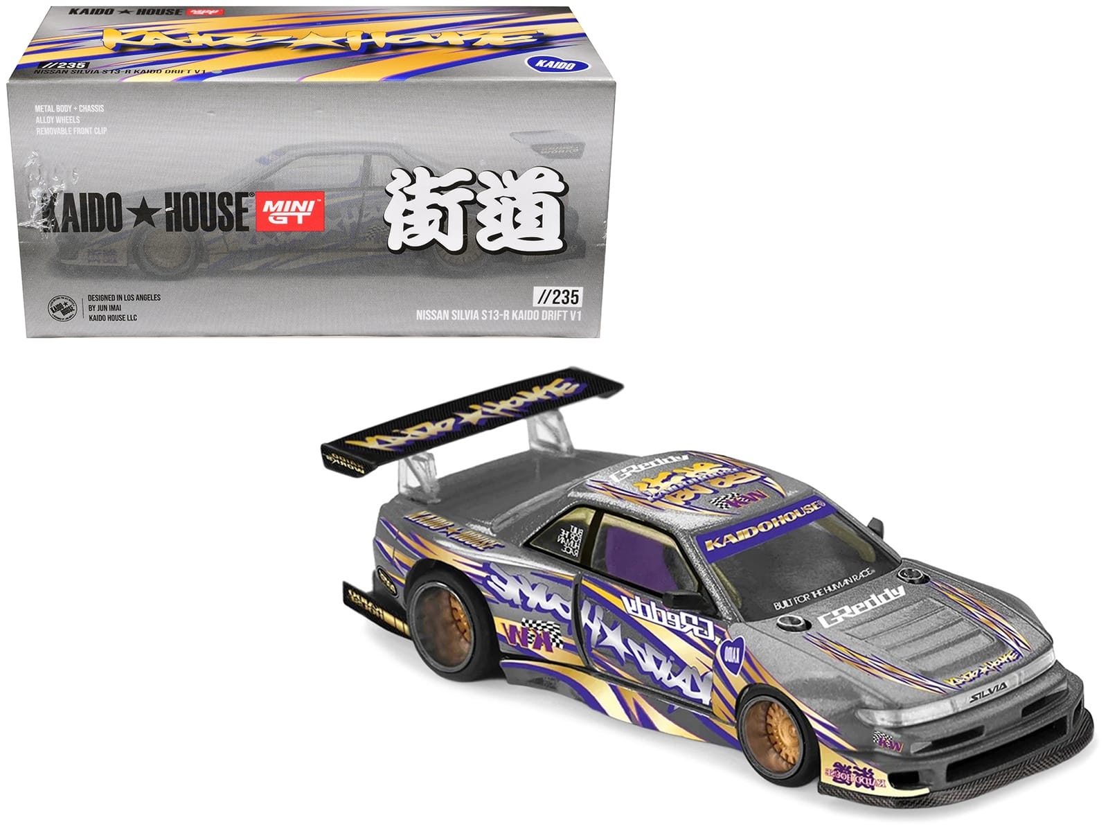 Nissan Silvia S13-R "Kaido Drift V1" RHD (Designed by Jun Imai) Gray Metallic with Graphics "Kaido House" Special 1/64 Diecast Model Car by Mini GT