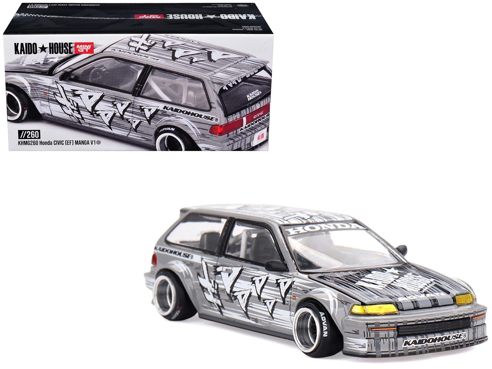 Honda Civic (EF) "Manga V1" Gray Metallic with Graphics (Designed by Jun Imai) "Kaido House" Special 1/64 Diecast Model Car by Mini GT