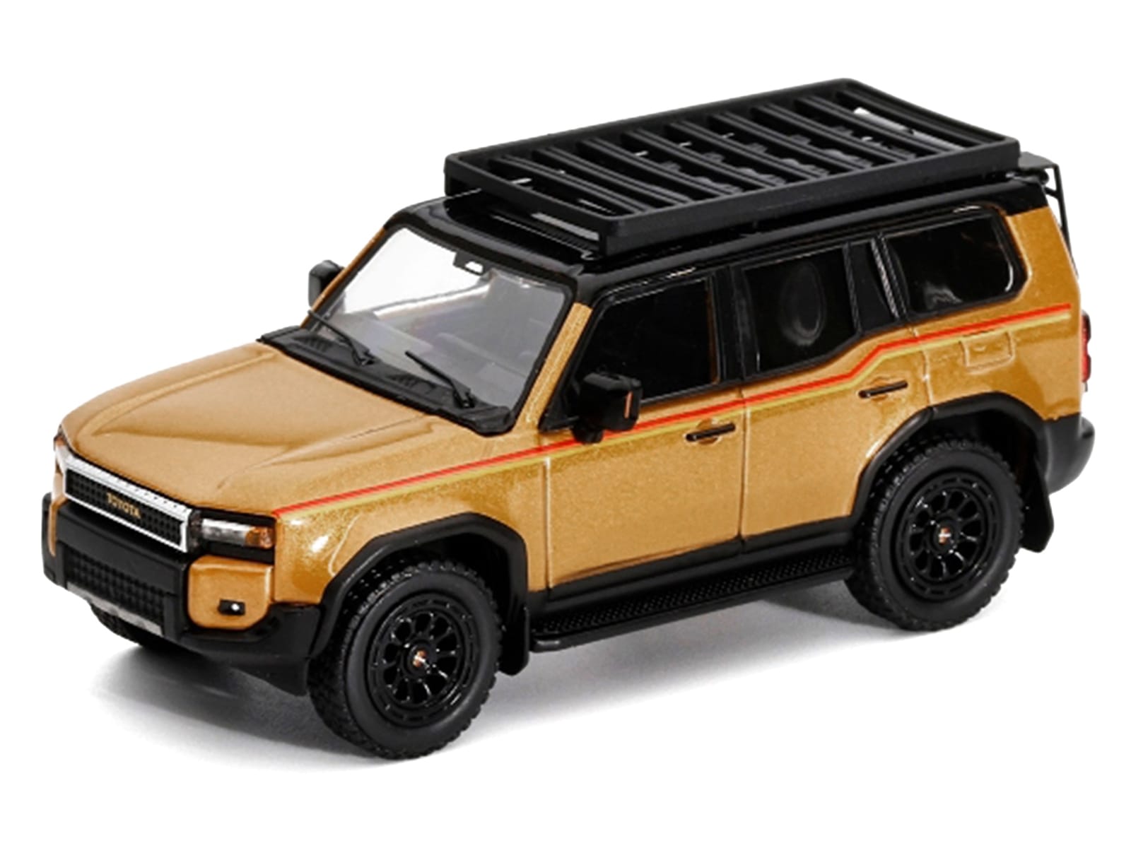 2024 Toyota Land Cruiser Prado Gold Metallic with Red Stripes and Roof Rack 1/64 Diecast Model Car by GCD - Image 2