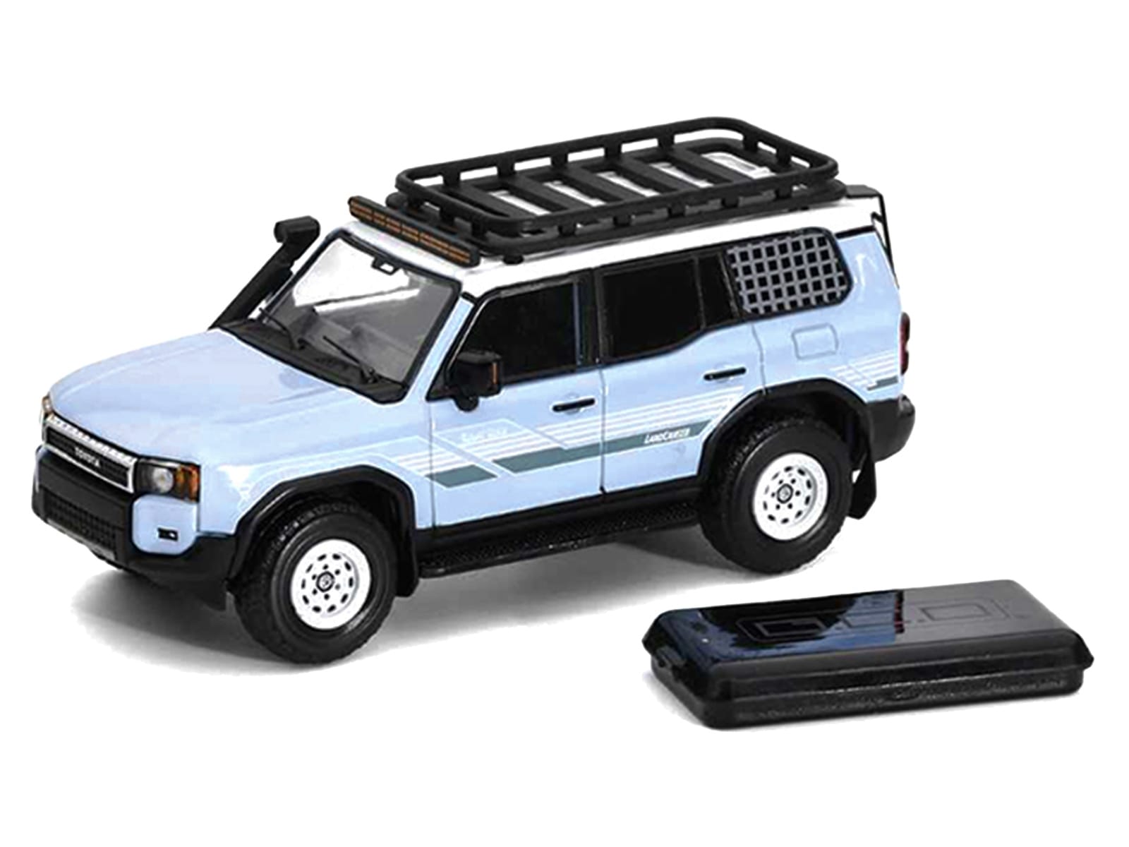 2024 Toyota Land Cruiser Prado Light Blue with White Top and Stripes with Roof Rack and Accessory 1/64 Diecast Model Car by GCD - Image 2