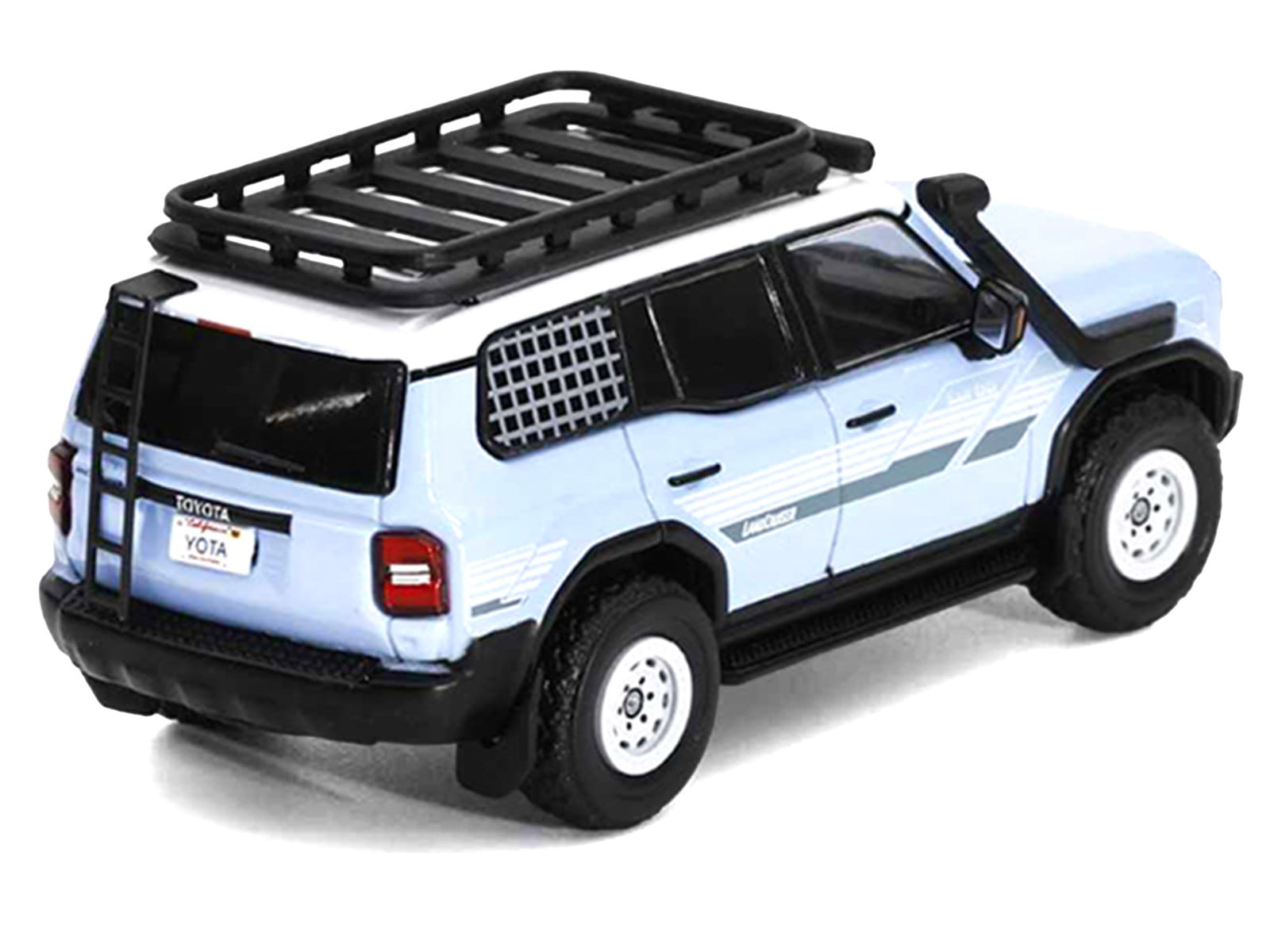2024 Toyota Land Cruiser Prado Light Blue with White Top and Stripes with Roof Rack and Accessory 1/64 Diecast Model Car by GCD - Image 3