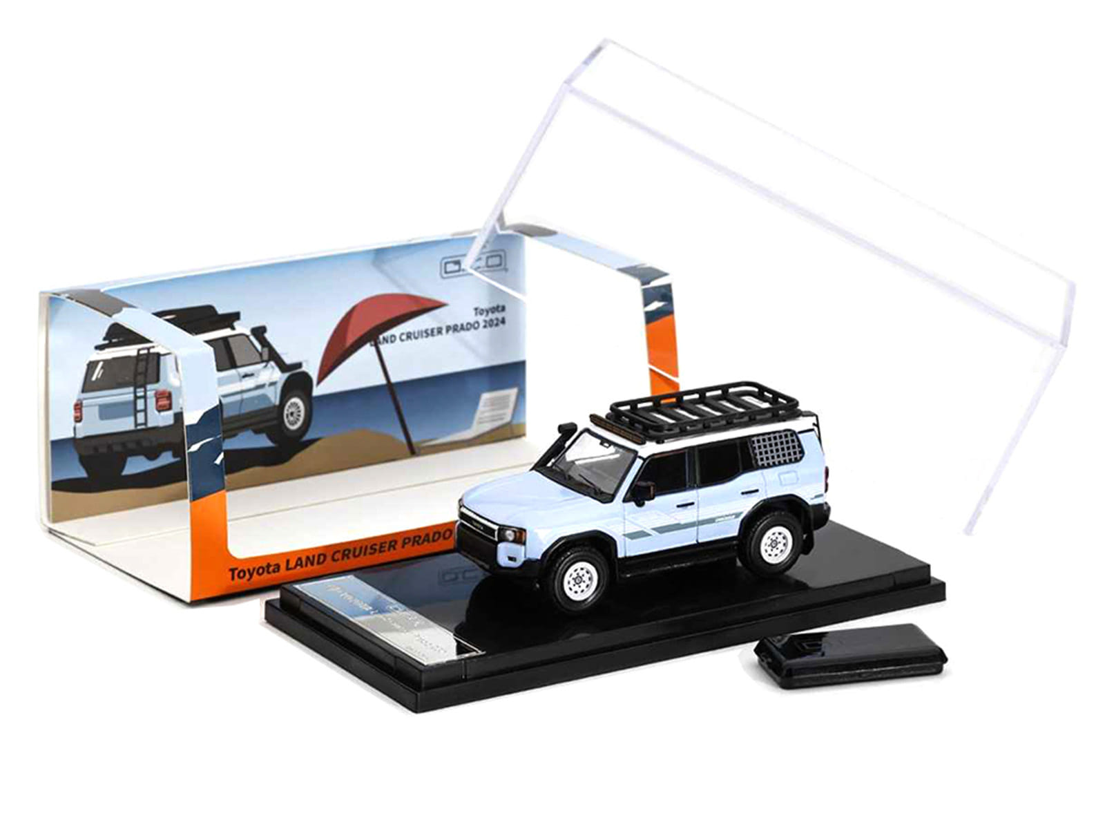 2024 Toyota Land Cruiser Prado Light Blue with White Top and Stripes with Roof Rack and Accessory 1/64 Diecast Model Car by GCD - Image 4