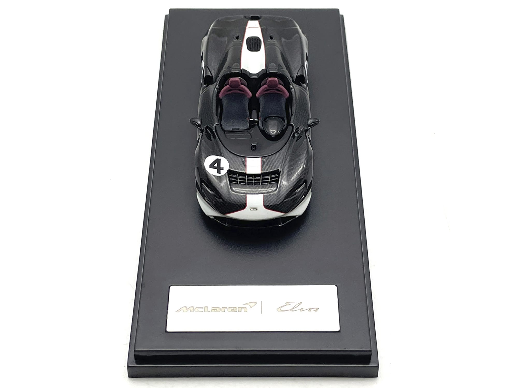 McLaren Elva Convertible #4 Carbon Black with White and Red Stripes 1/64 Diecast Model Car by LCD Models - Image 4