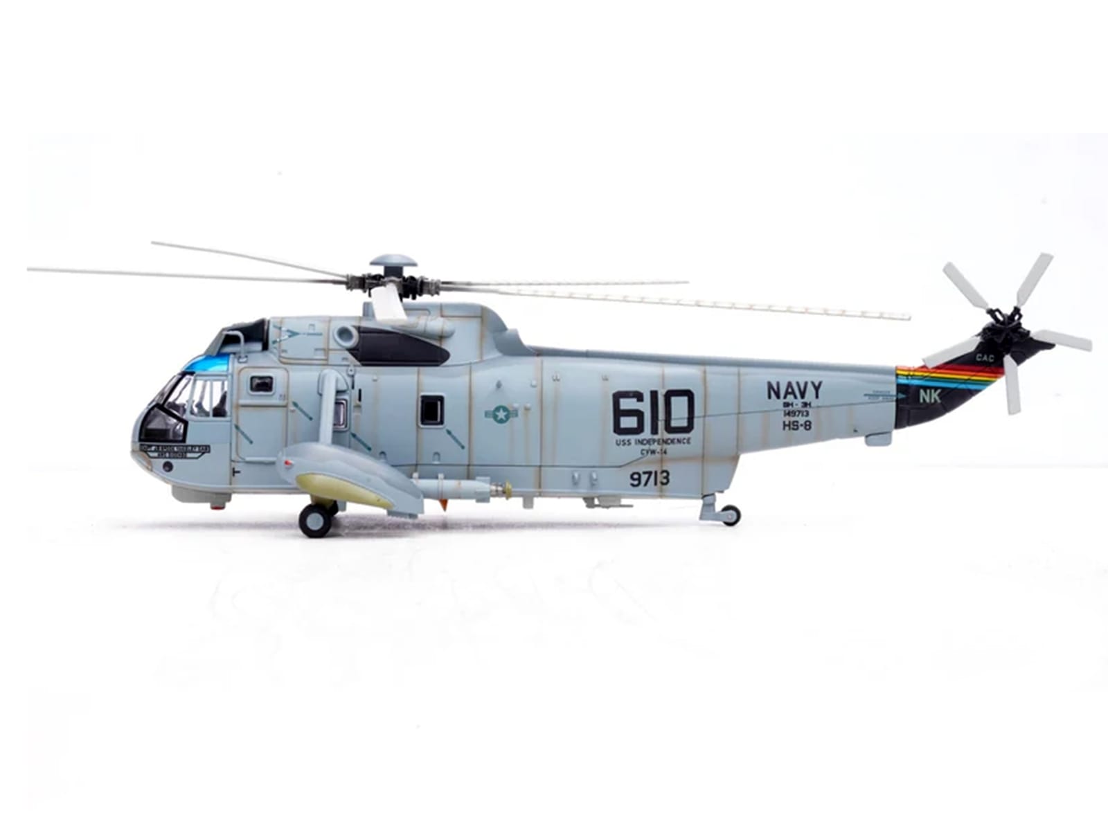 Sikorsky SH-3H Sea King Helicopter "149713/NK 610 Helicopter Anti-Submarine Squadron 8 Eightballers Carrier Air Wing 14 USS Independence (CV-62)" (1990s) United States Navy 1/72 Diecast Model by Legion - Image 2