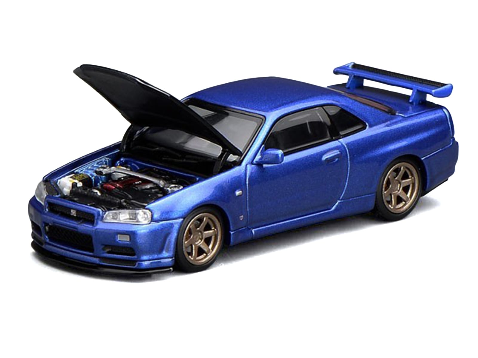 Nissan Skyline GT-R (R34) V-Spec II RHD (Right Hand Drive) Bayside Blue Metallic with Carbon Hood "Senior 64" Series 1/64 Diecast Model Car by MotorHelix - Image 3
