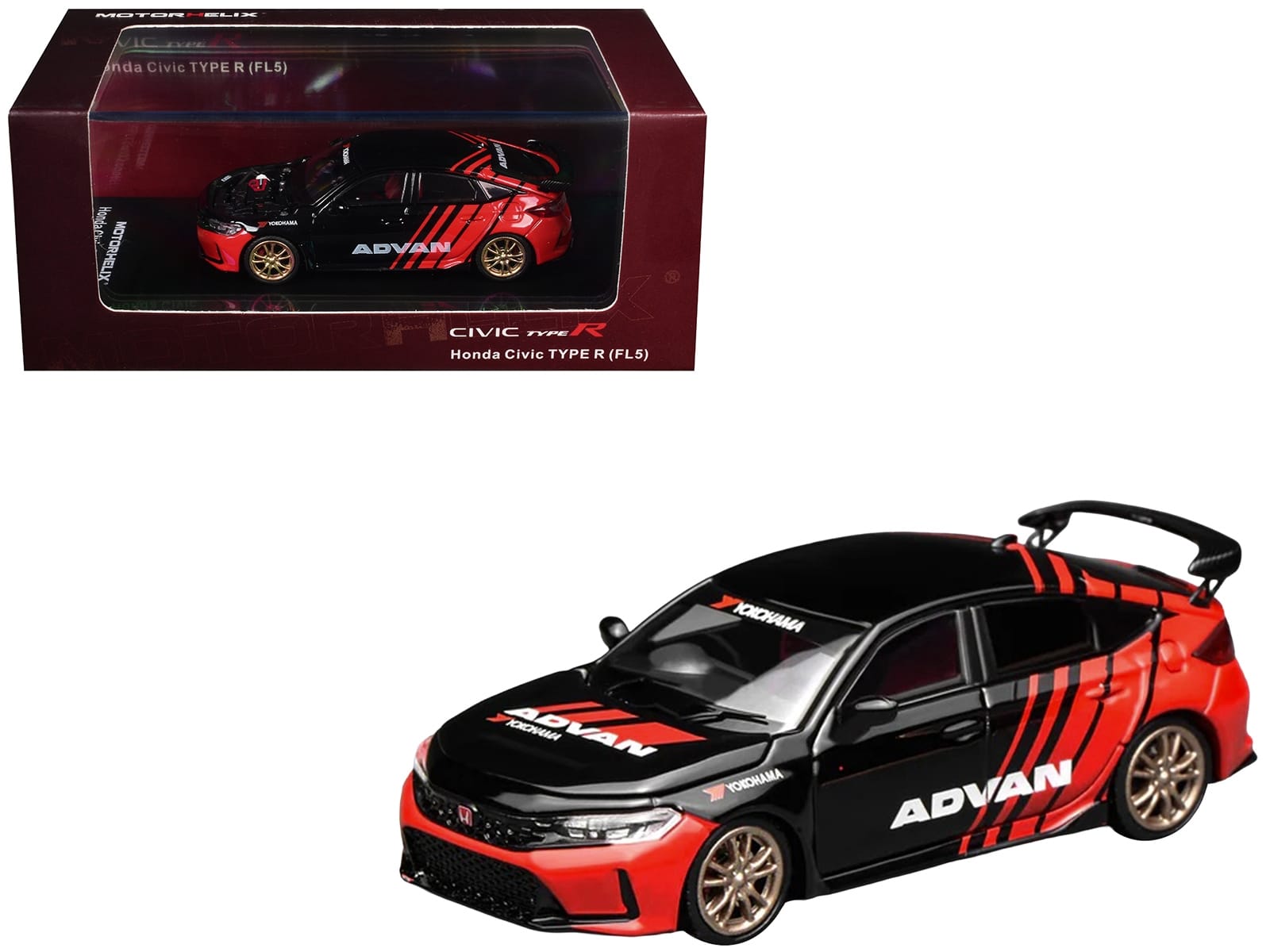 Honda Civic Type R (FL5) RHD (Right Hand Drive) "ADVAN" Black and Red 1/64 Diecast Model Car by MotorHelix