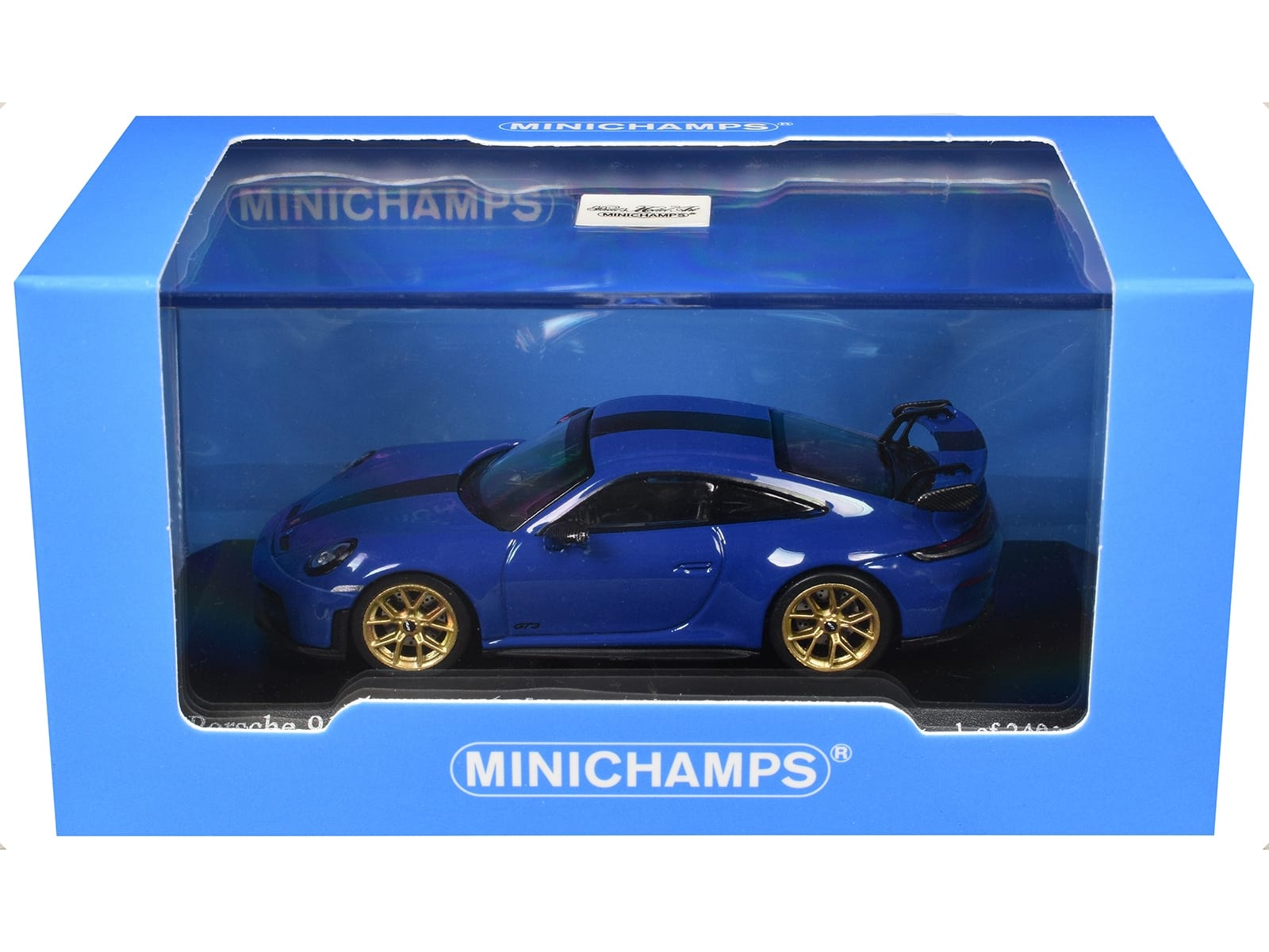 2025 Porsche 911 (992.2) GT3 Weissach Package Blue with Carbon Stripe Limited Edition to 240 pieces Worldwide 1/64 Diecast Model Car by Minichamps - Image 3