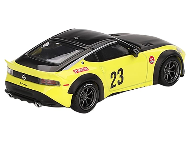 Nissan Z "LB-Nation Works" #23 Ikazuchi Yellow with Black Hood and Top Limited Edition 1/64 Diecast Model Car by Mini GT - Image 3