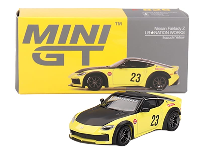 Nissan Z "LB-Nation Works" #23 Ikazuchi Yellow with Black Hood and Top Limited Edition 1/64 Diecast Model Car by Mini GT - Image 4