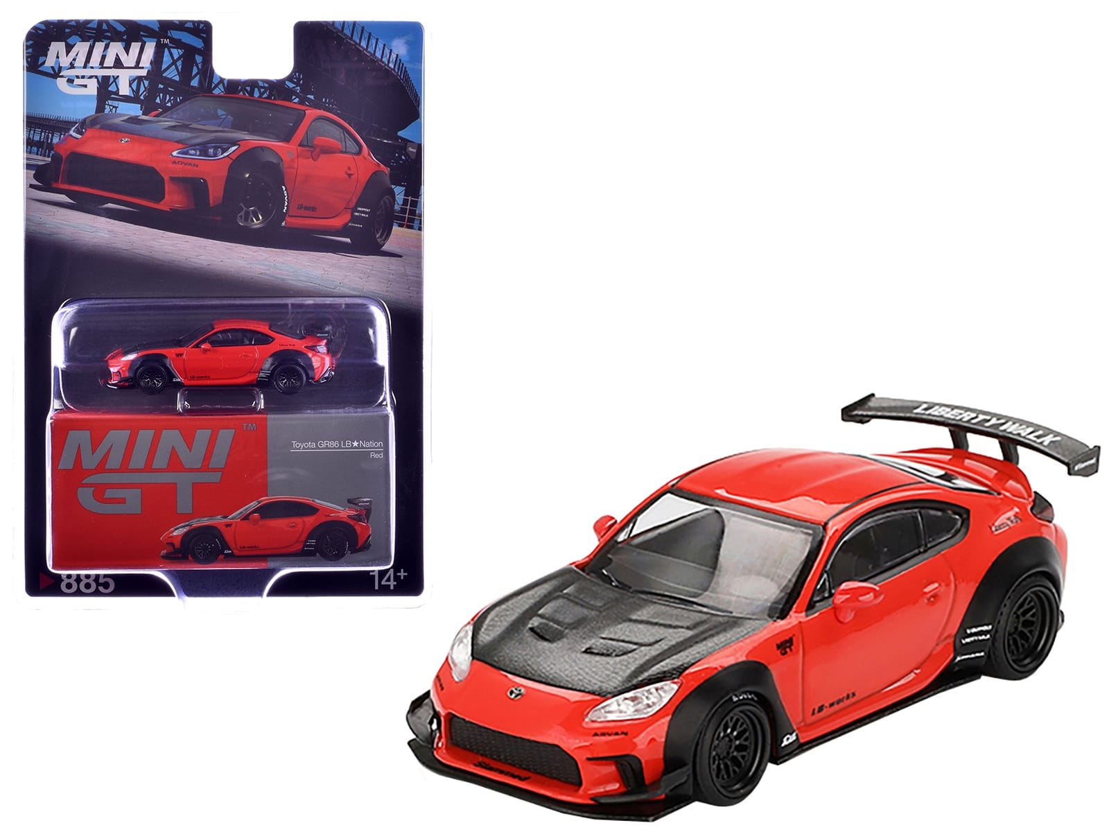 Toyota GR86 "LB-Nation - Liberty Walk" Red with Carbon Hood Limited Edition 1/64 Diecast Model Car by Mini GT - Image 4