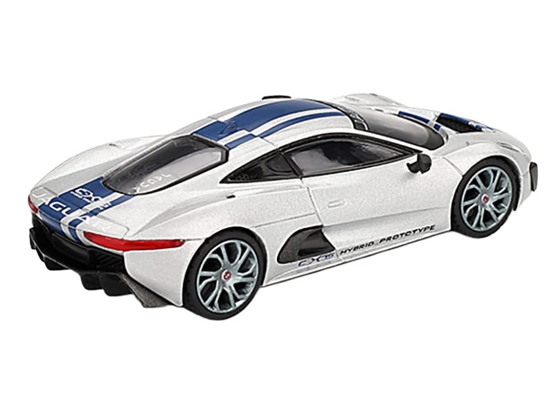 Jaguar C-X75 Silver Metallic with Blue Stripes Limited Edition 1/64 Diecast Model Car by Mini GT - Image 3