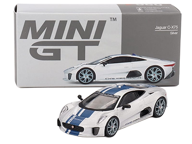 Jaguar C-X75 Silver Metallic with Blue Stripes Limited Edition 1/64 Diecast Model Car by Mini GT - Image 4