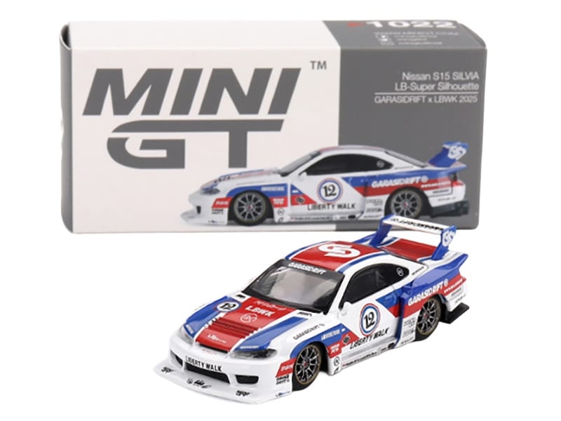 Nissan "LB-Super Silhouette" S15 SILVIA RHD (Right Hand Drive) "GARASIDRIFT x LBWK 2025" White with Blue and Red Stripes Limited Edition 1/64 Diecast Model Car by Mini GT - Image 4