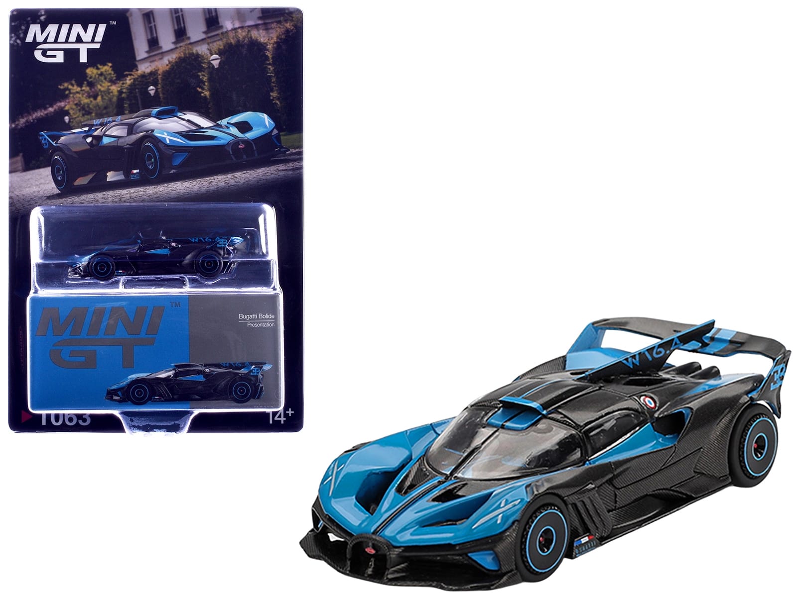Bugatti Bolide Presentation Blue and Carbon Fiber Limited Edition 1/64 Diecast Model Car by Mini GT