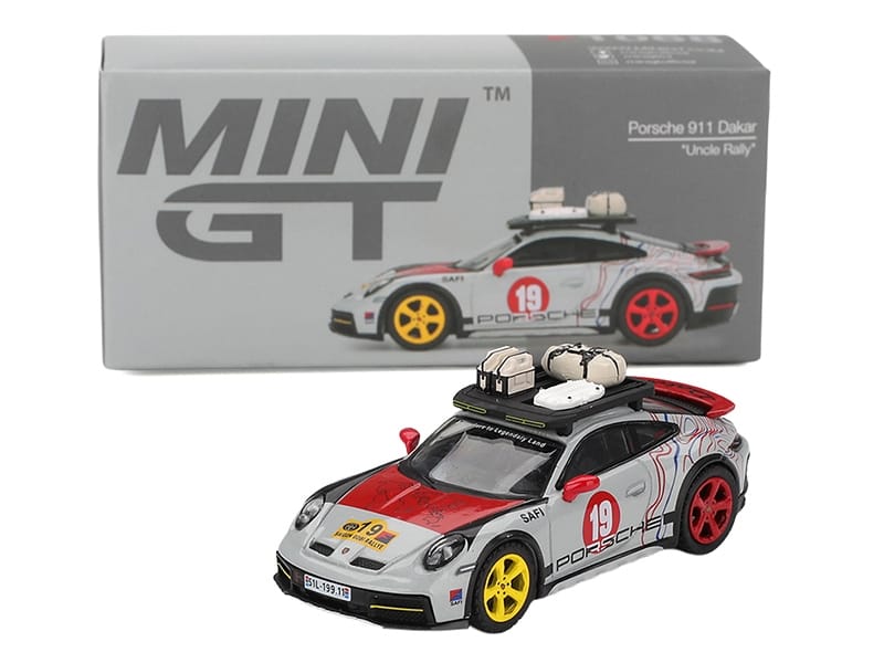 Porsche 911 Dakar #19 "Uncle Rally" Gray with Graphics and Roof Rack Limited Edition 1/64 Diecast Model Car by Mini GT - Image 4