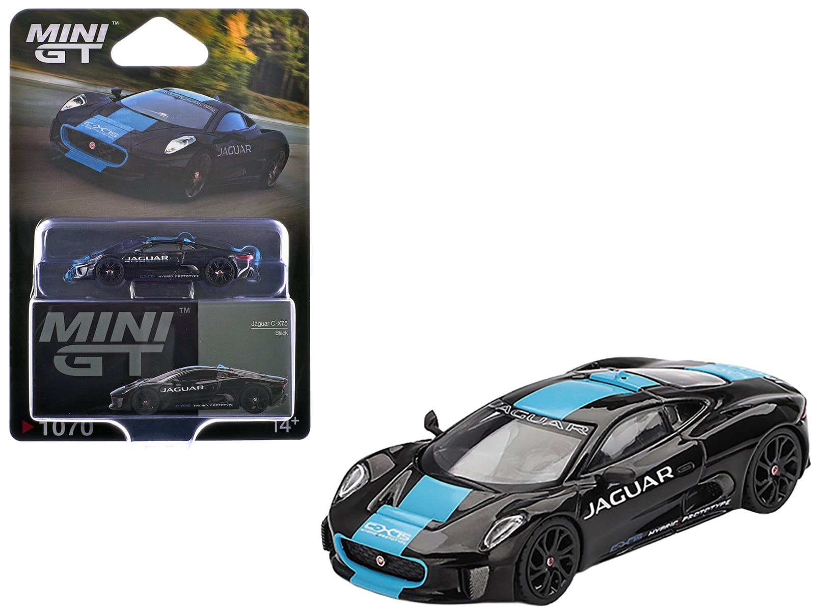 Jaguar C-X75 Black with Light Blue Stripe Limited Edition 1/64 Diecast Model Car by Mini GT