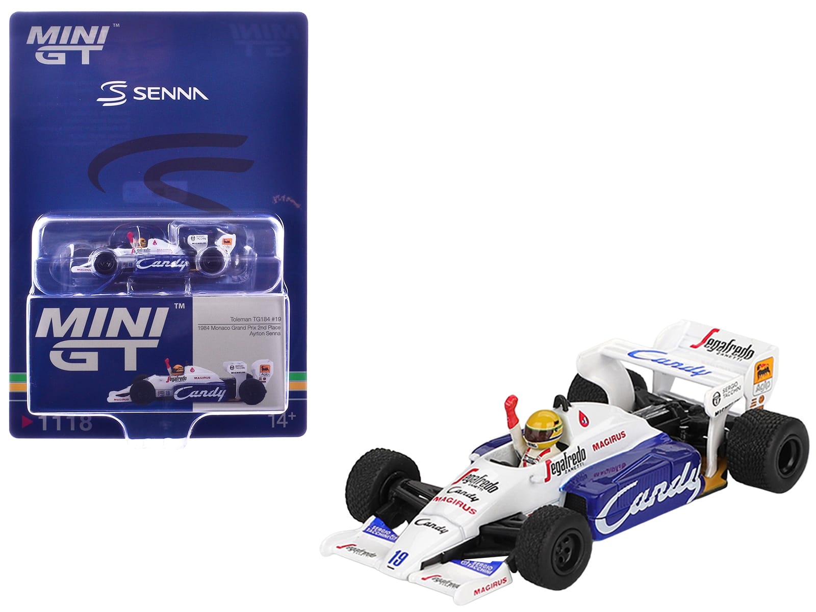 Toleman TG184 #19 Ayrton Senna 2nd Place Formula One F1 "Monaco GP" (1984) with Driver Figure Limited Edition 1/64 Diecast Model Car by Mini GT