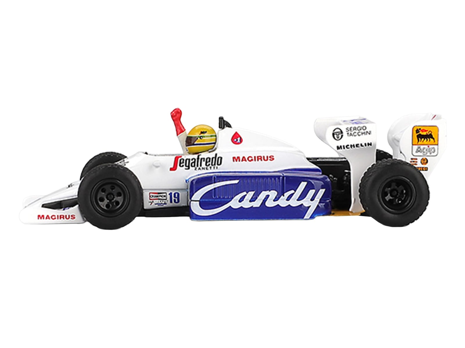 Toleman TG184 #19 Ayrton Senna 2nd Place Formula One F1 "Monaco GP" (1984) with Driver Figure Limited Edition 1/64 Diecast Model Car by Mini GT - Image 3