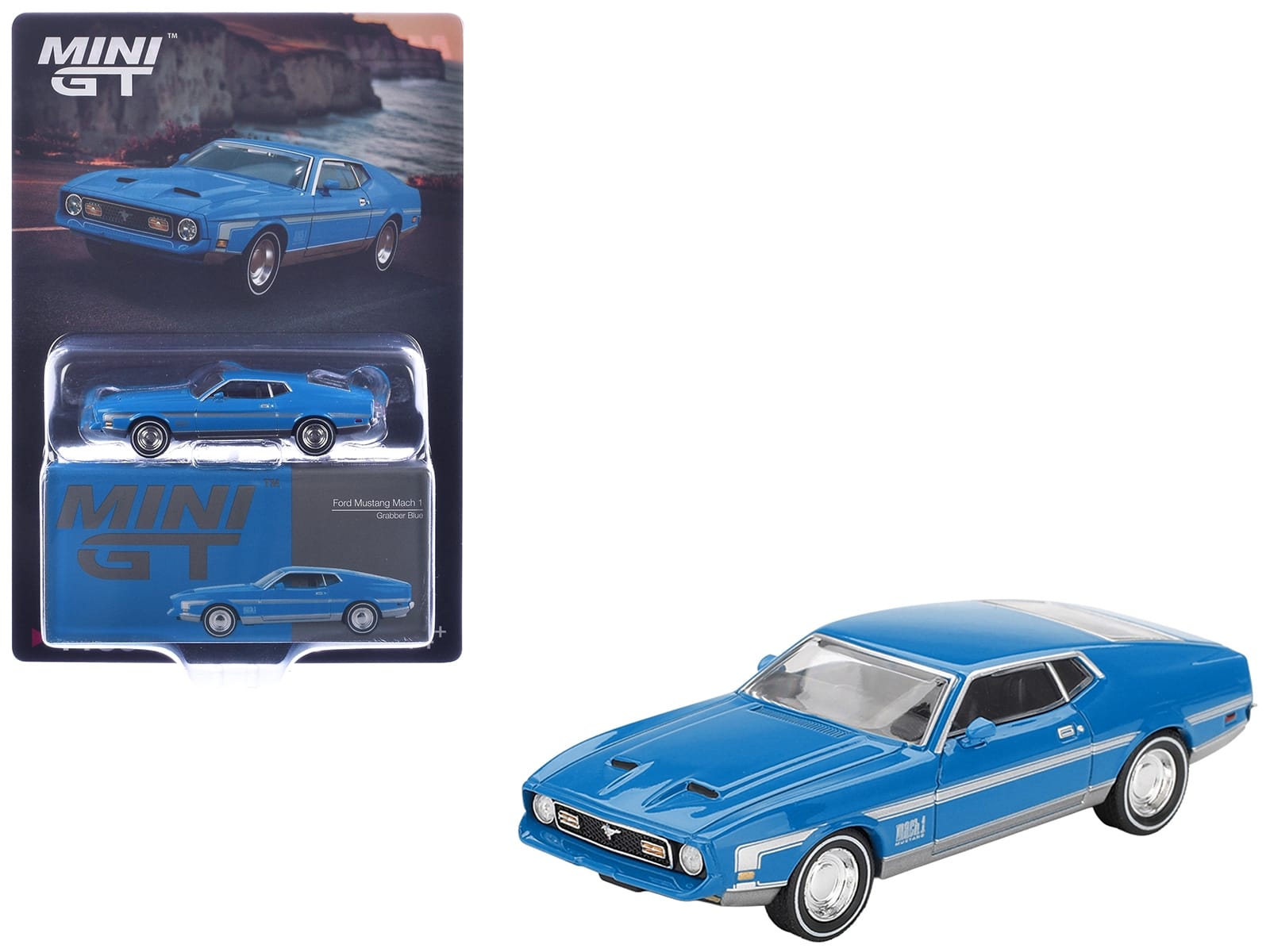 Ford Mustang Mach 1 Grabber Blue with Silver Stripes Limited Edition 1/64 Diecast Model Car by Mini GT