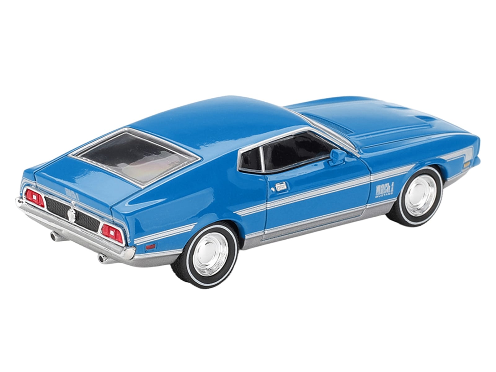 Ford Mustang Mach 1 Grabber Blue with Silver Stripes Limited Edition 1/64 Diecast Model Car by Mini GT - Image 4