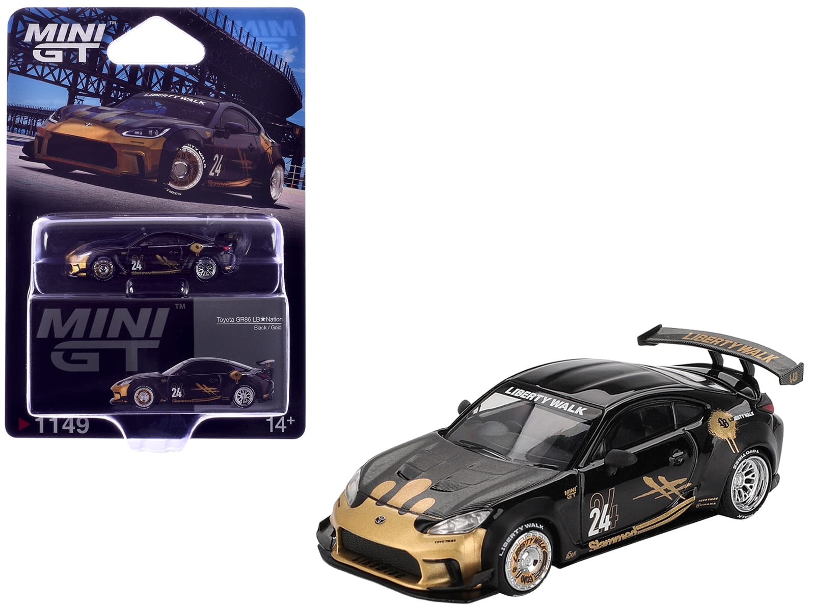 Toyota GR86 "LB-Nation - Liberty Walk" #24 Black with Carbon Hood and Gold Graphics Limited Edition 1/64 Diecast Model Car by Mini GT