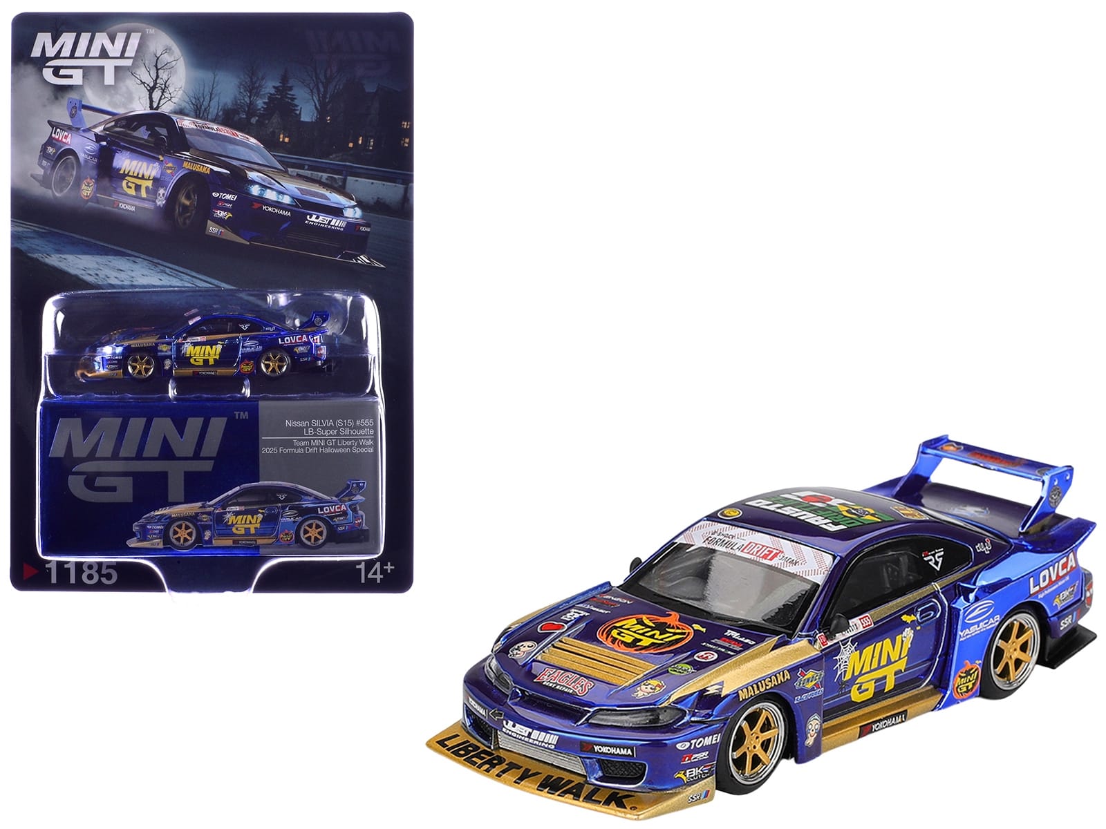Nissan Silvia (S15) LB-Super Silhouette RHD (Right Hand Drive) #555 Yukio Fausto "Team MINI GT Liberty Walk" Halloween Special "Formula Drift Japan" (2025) Limited Edition 1/64 Diecast Model Car by Mini GT