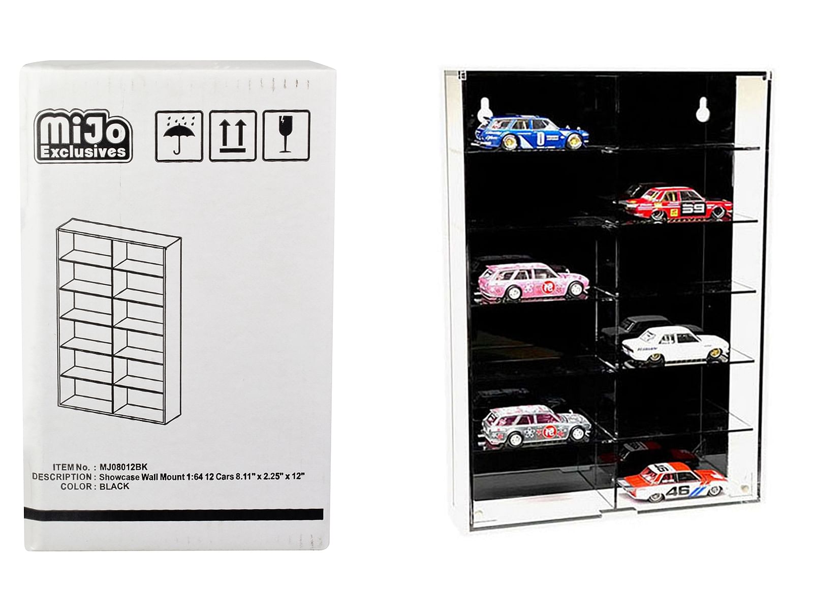 Showcase 12 Car Display Case Wall Mount with Black Back Panel “Mijo Exclusives” for 1/64 Scale Models