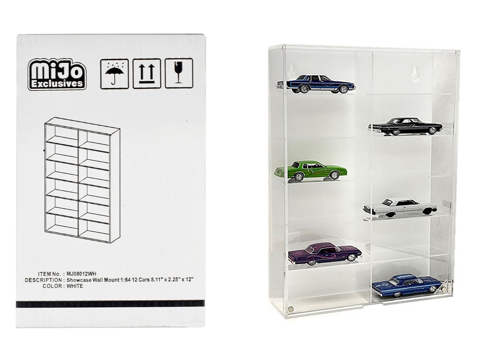 Showcase 12 Car Display Case Wall Mount with White Back Panel “Mijo Exclusives” for 1/64 Scale Models