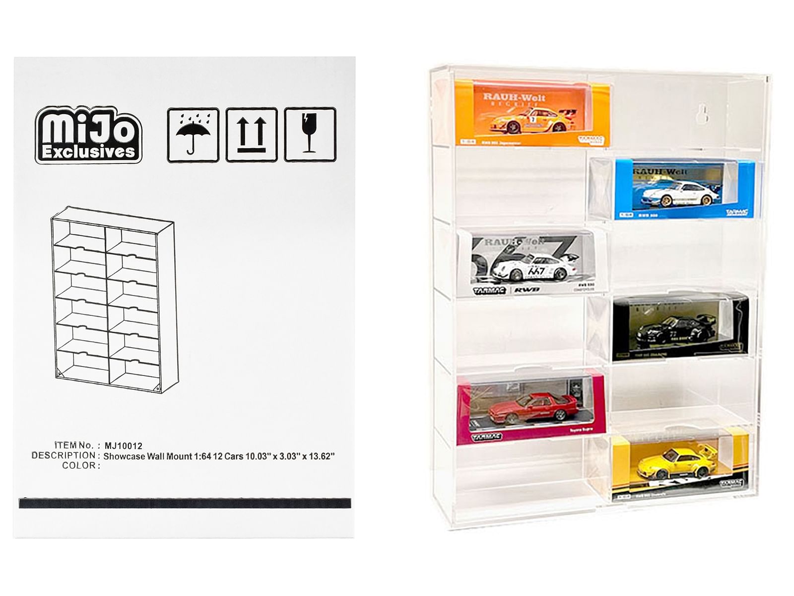 Showcase 12 Car Display Case Wall Mount with Clear Back Panel and Extra Space “Mijo Exclusives” for 1/64 Scale Models