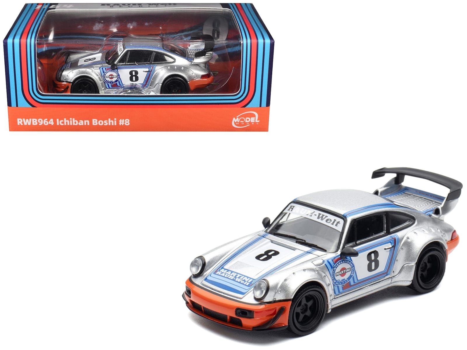 RWB 964 #8 "Ichiban Boshi - Martini Racing" Silver Metallic with Stripes 1/64 Diecast Model Car by Model Model