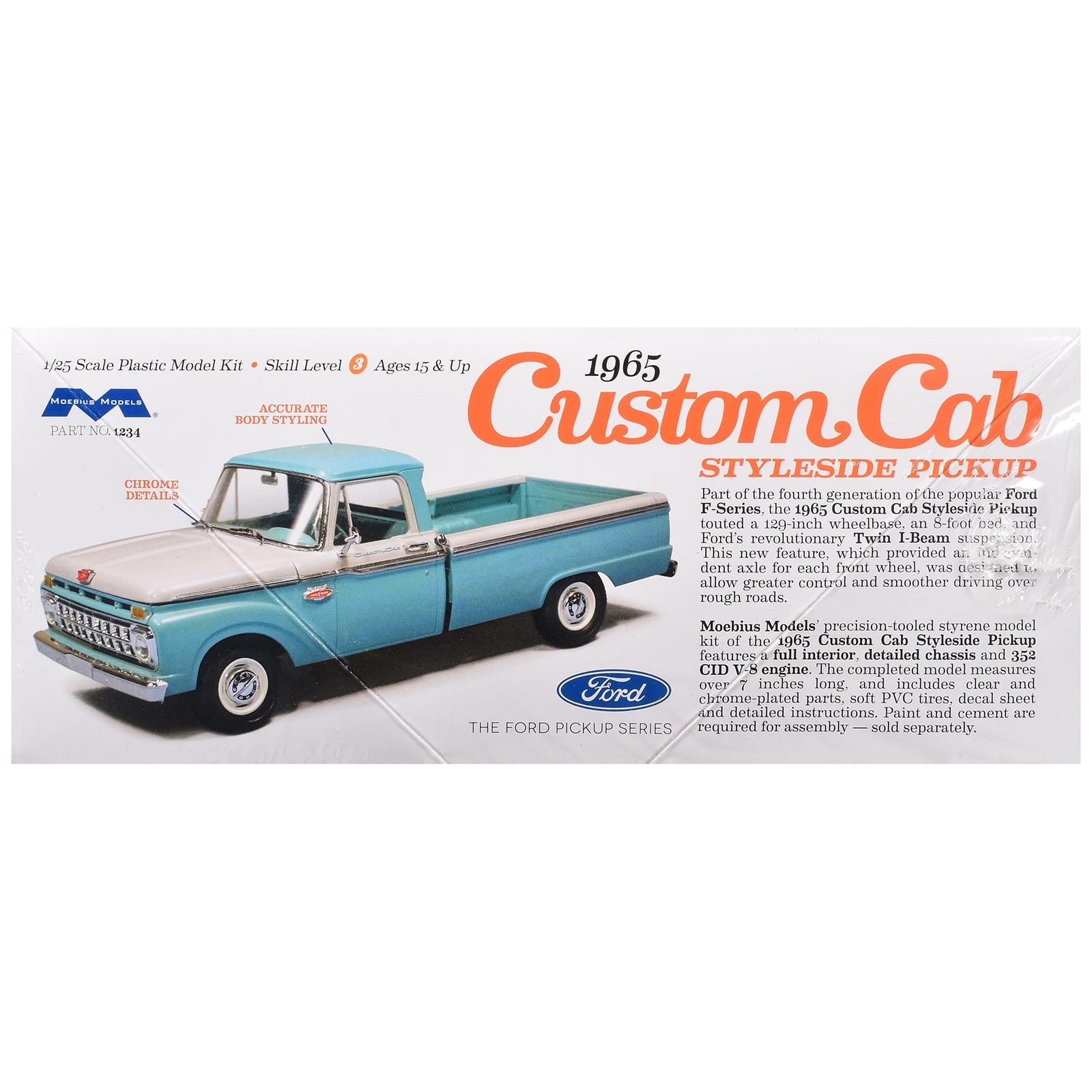 Skill 3 Model Kit 1965 Ford Custom Cab Styleside Pickup Truck 1/25 Scale Model by Moebius - Image 2