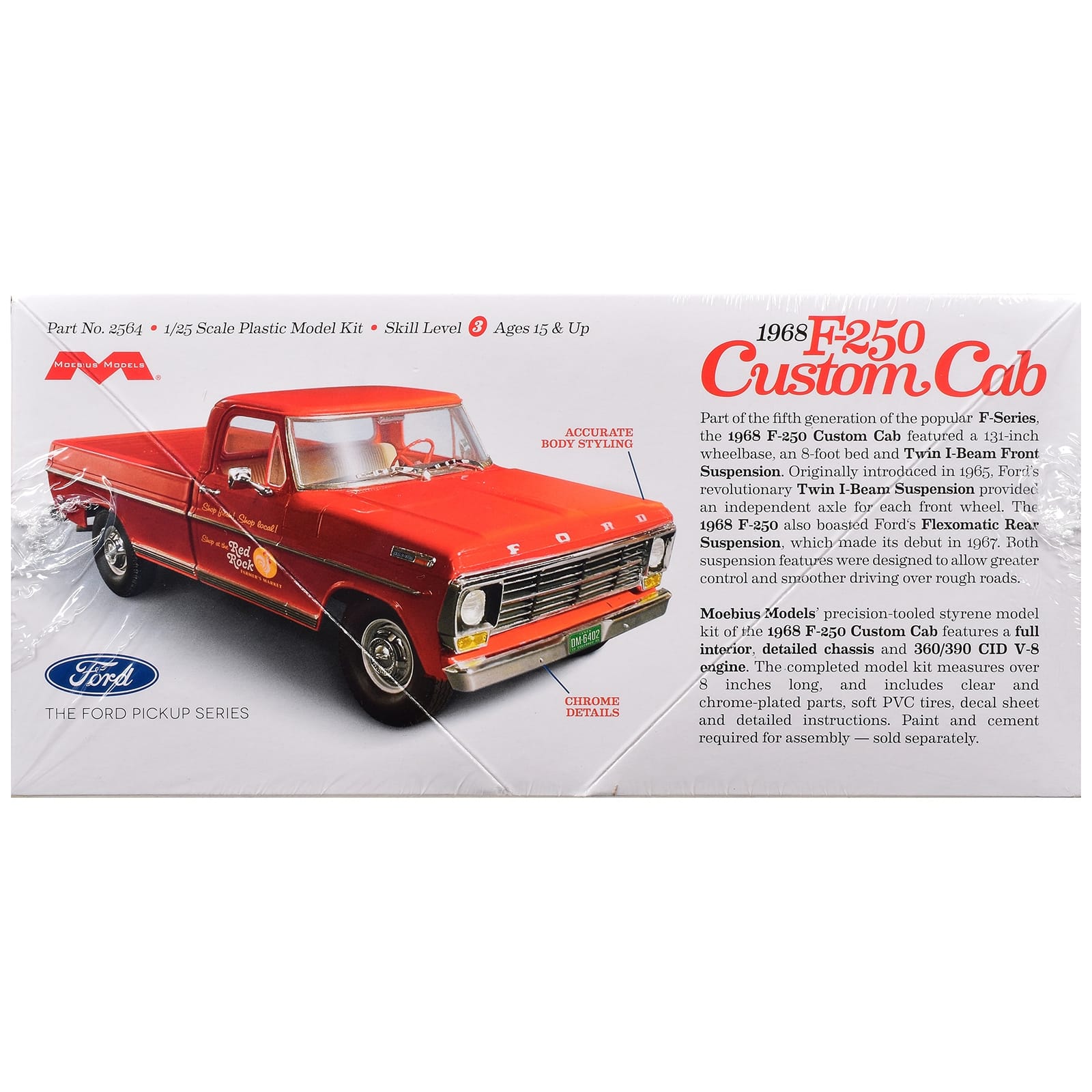 Skill 3 Model Kit 1968 Ford F-250 Custom Cab Pickup Truck 1/25 Scale Model by Moebius - Image 3