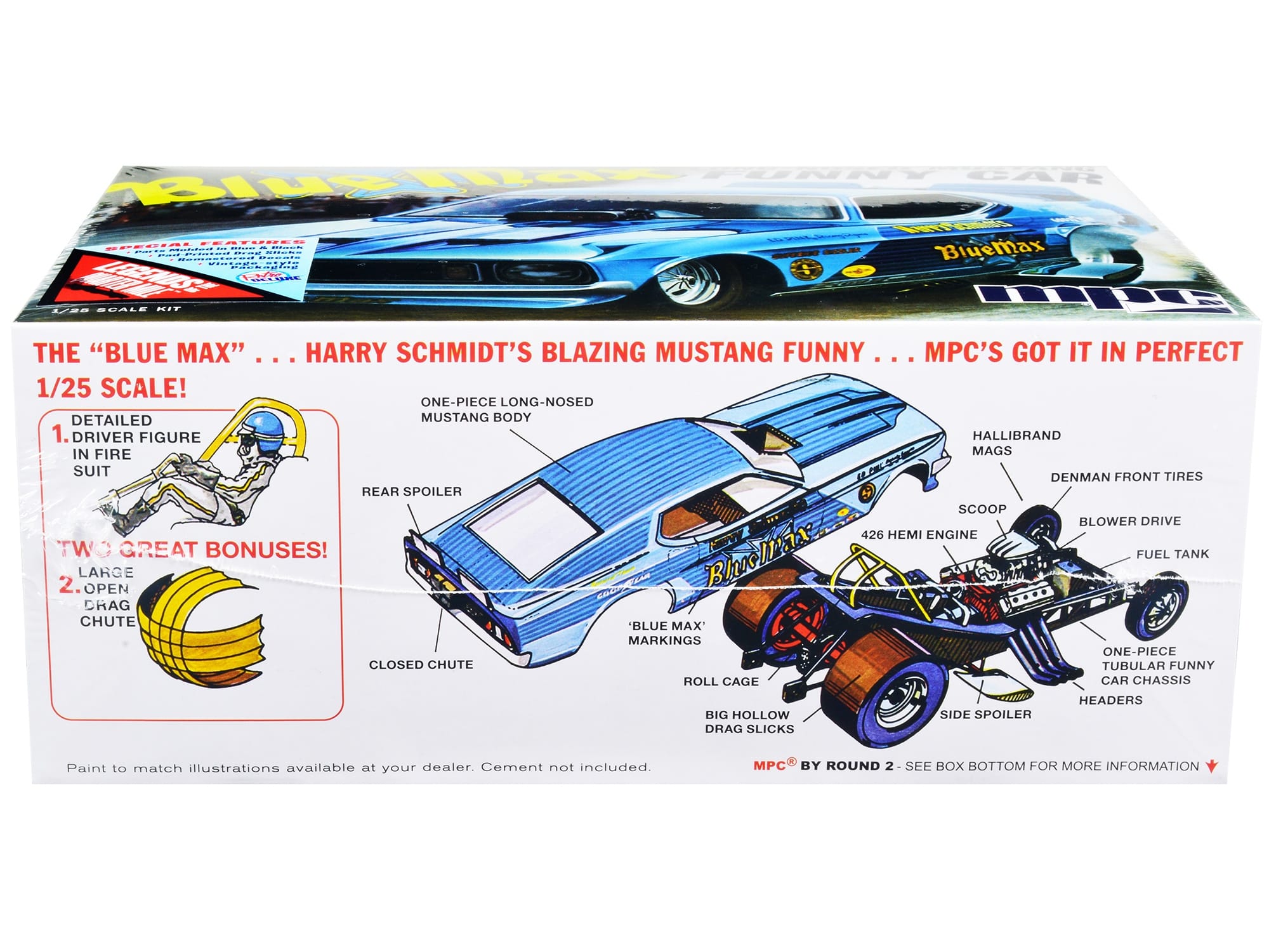 Skill 2 Model Kit "Blue Max" Long Nose Mustang Funny Car 1/25 Scale Model Car by MPC - Image 2