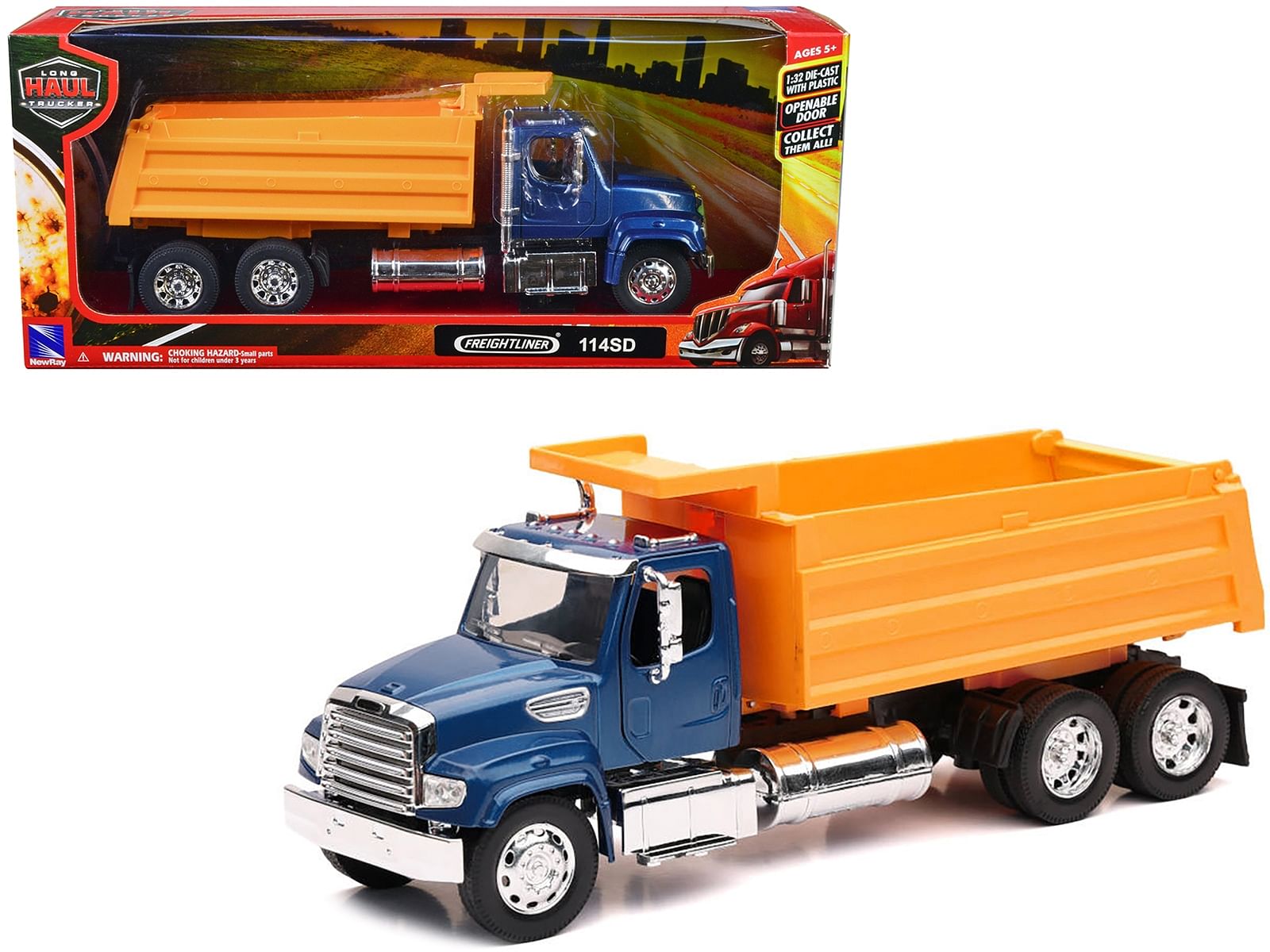 Freightliner 114SD Dump Truck Blue and Yellow “Long Haul Trucker” Series 1/32 Diecast Model by New Ray