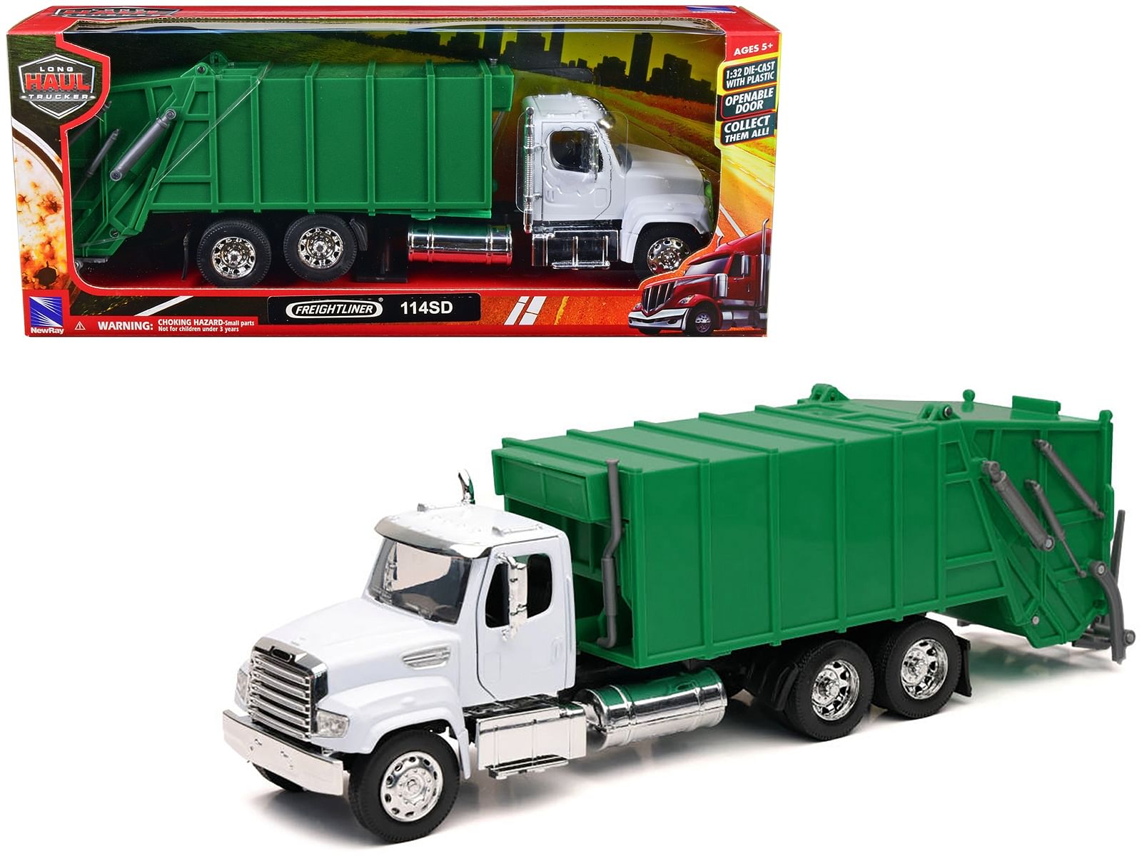 Freightliner 114SD Garbage Truck White and Green “Long Haul Trucker” Series 1/32 Diecast Model by New Ray