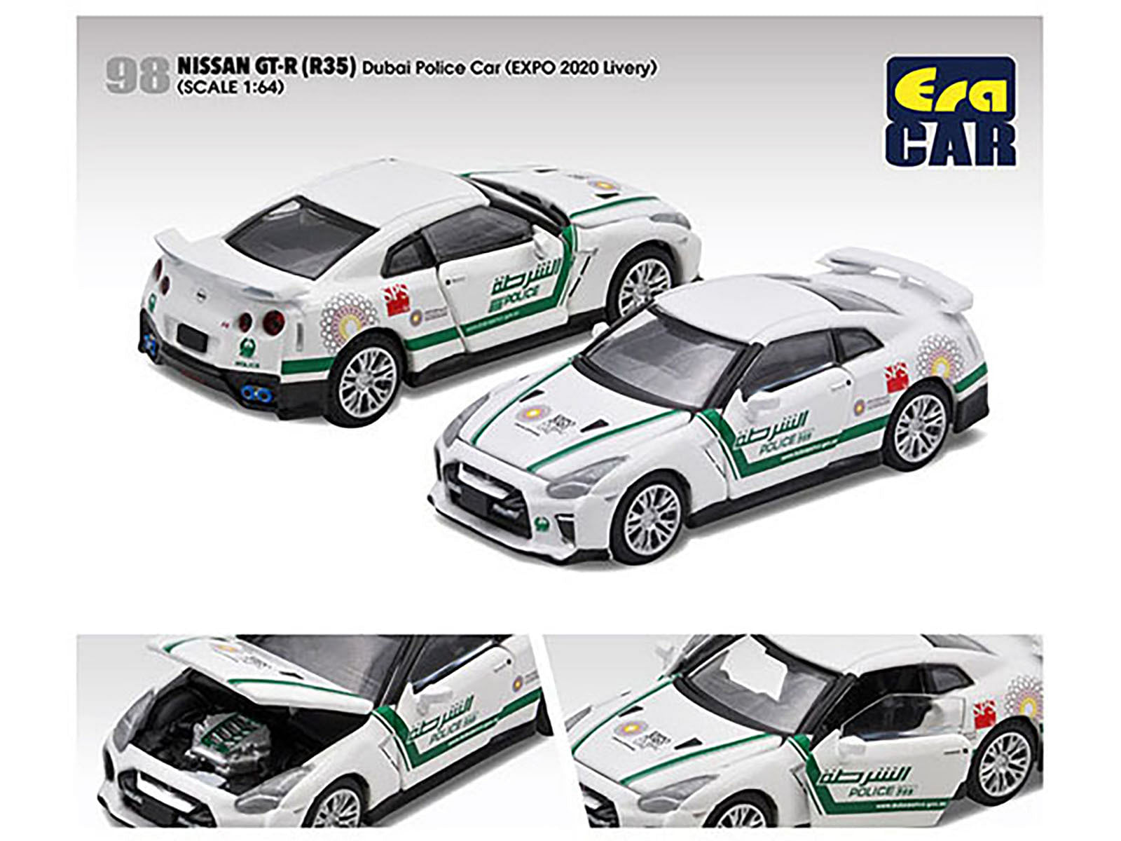 Nissan GT-R (R35) White Dubai Police “EXPO 2020” Livery Limited Edition to 720 pieces Worldwide 1/64 Diecast Model Car by Era Car