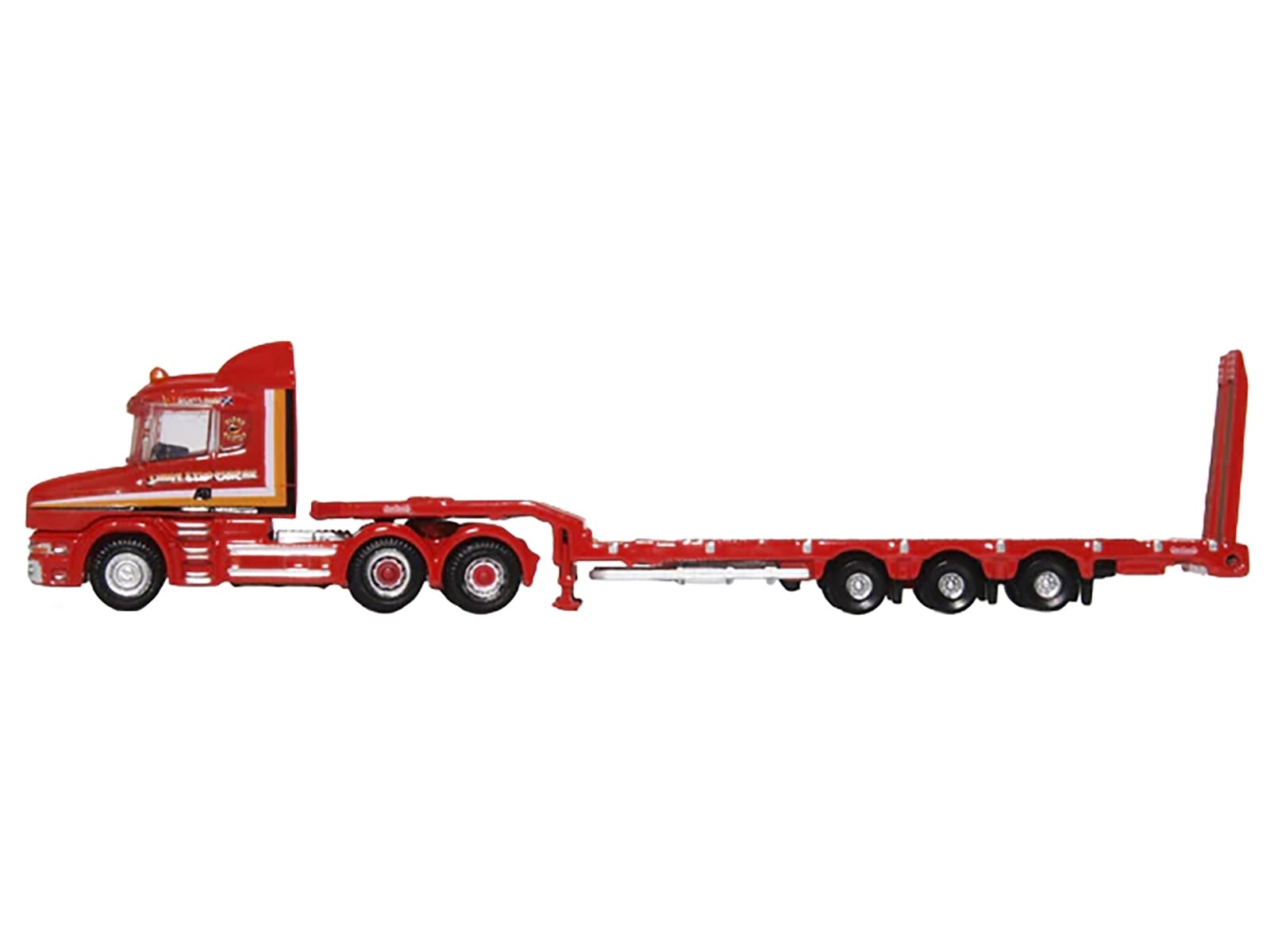 Scania T-Cab Truck RHD (Right Hand Drive) with Lowboy Trailer "Sandy Kydd" Red with Stripes 1/148 (N) Scale Diecast Model Car by Oxford Diecast - Image 2