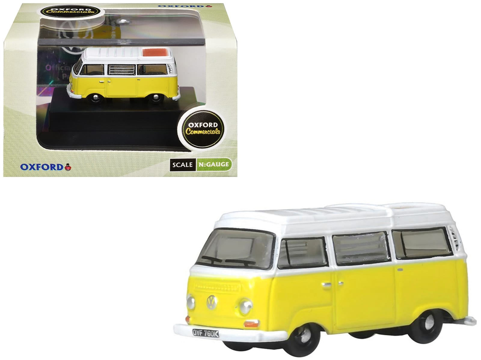 Volkswagen T2 Bay Window Camper Van Saturn Yellow and White 1/148 (N) Scale Diecast Model Car by Oxford Diecast