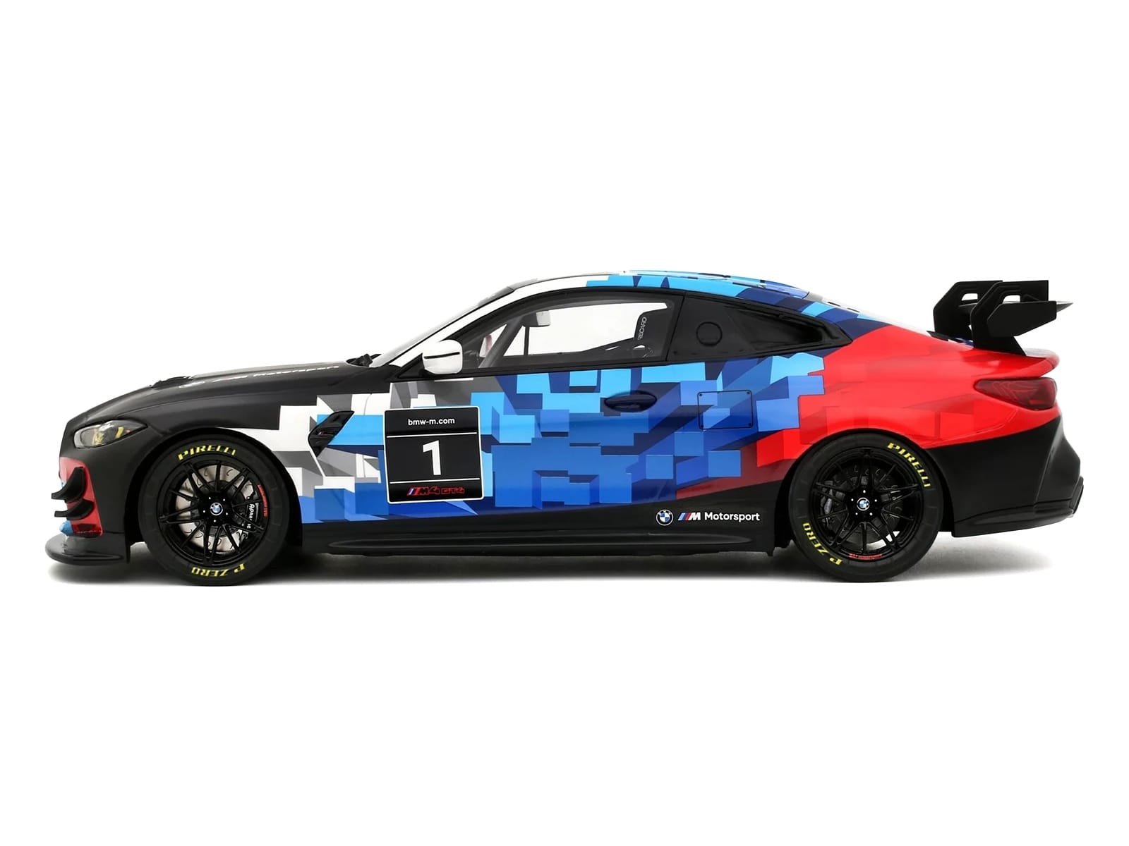 2024 BMW M4 GT4 #1 "M Motorsport Livery" Black and White with Red and Blue Graphics Limited Edition to 999 pieces Worldwide 1/18 Model Car by Otto Mobile - Image 3