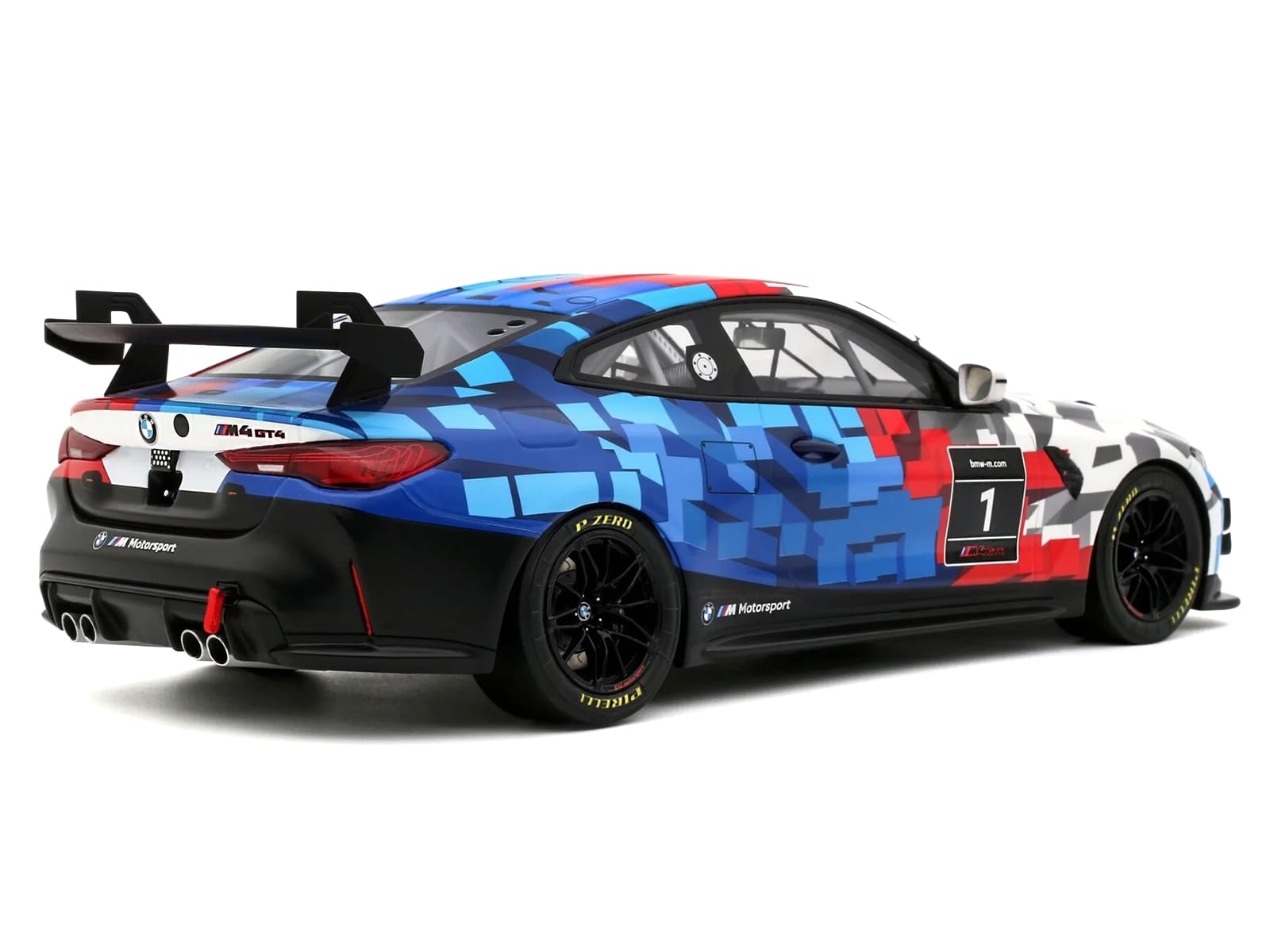 2024 BMW M4 GT4 #1 "M Motorsport Livery" Black and White with Red and Blue Graphics Limited Edition to 999 pieces Worldwide 1/18 Model Car by Otto Mobile - Image 4