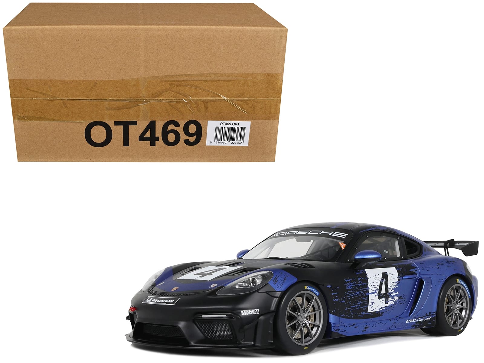 2021 Porsche Cayman 718 GT4 RS Clubsport #4 Black with Blue Graphics Limited Edition to 999 pieces Worldwide 1/18 Model Car by Otto Mobile