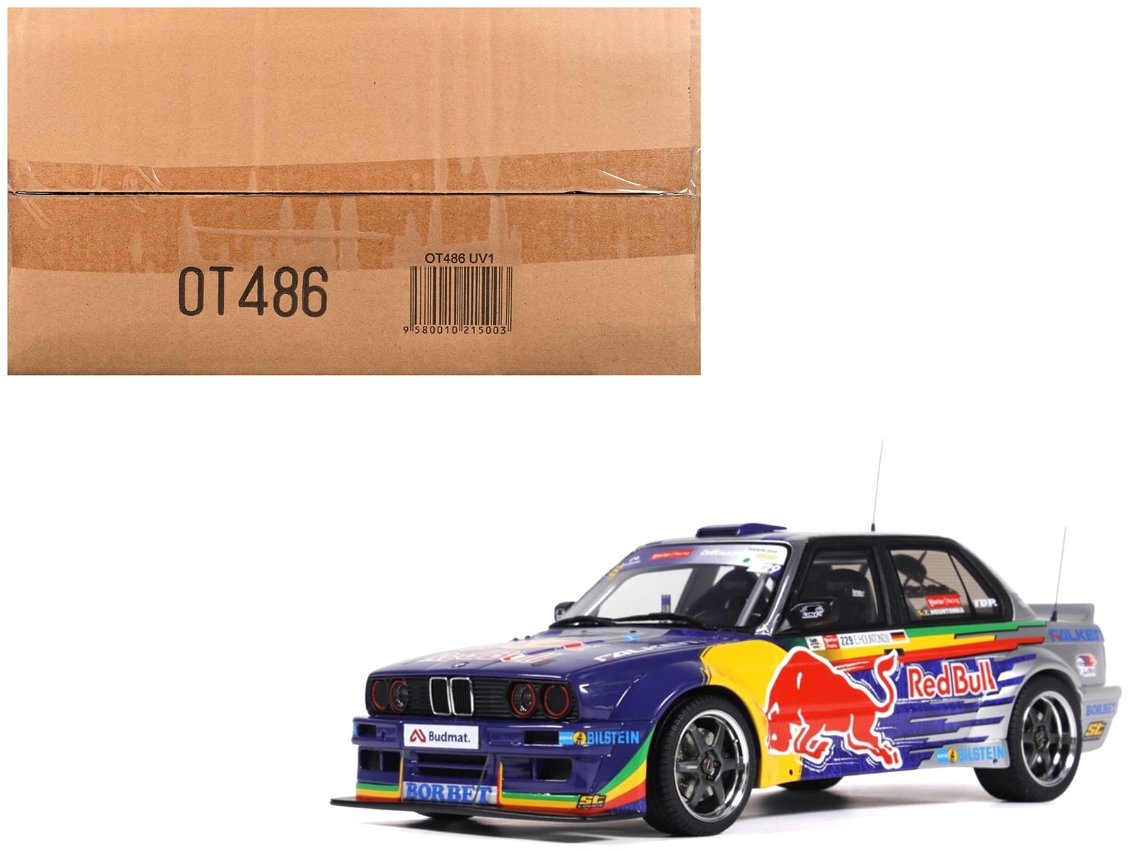 2023 BMW E30 V8 Drift "Red Bull Driftbrothers" Blue and Silver with Graphics Limited Edition to 3000 pieces Worldwide 1/18 Model Car by Otto Mobile