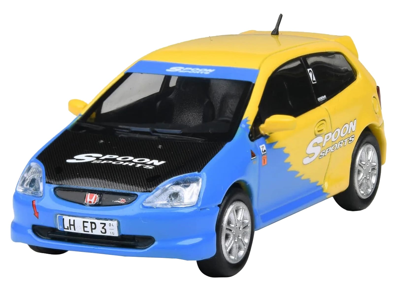 2001 Honda Civic Type R EP3 Blue and Yellow with Black Hood "Spoon Sports" 1/64 Diecast Model Car by Paragon Models - Image 2