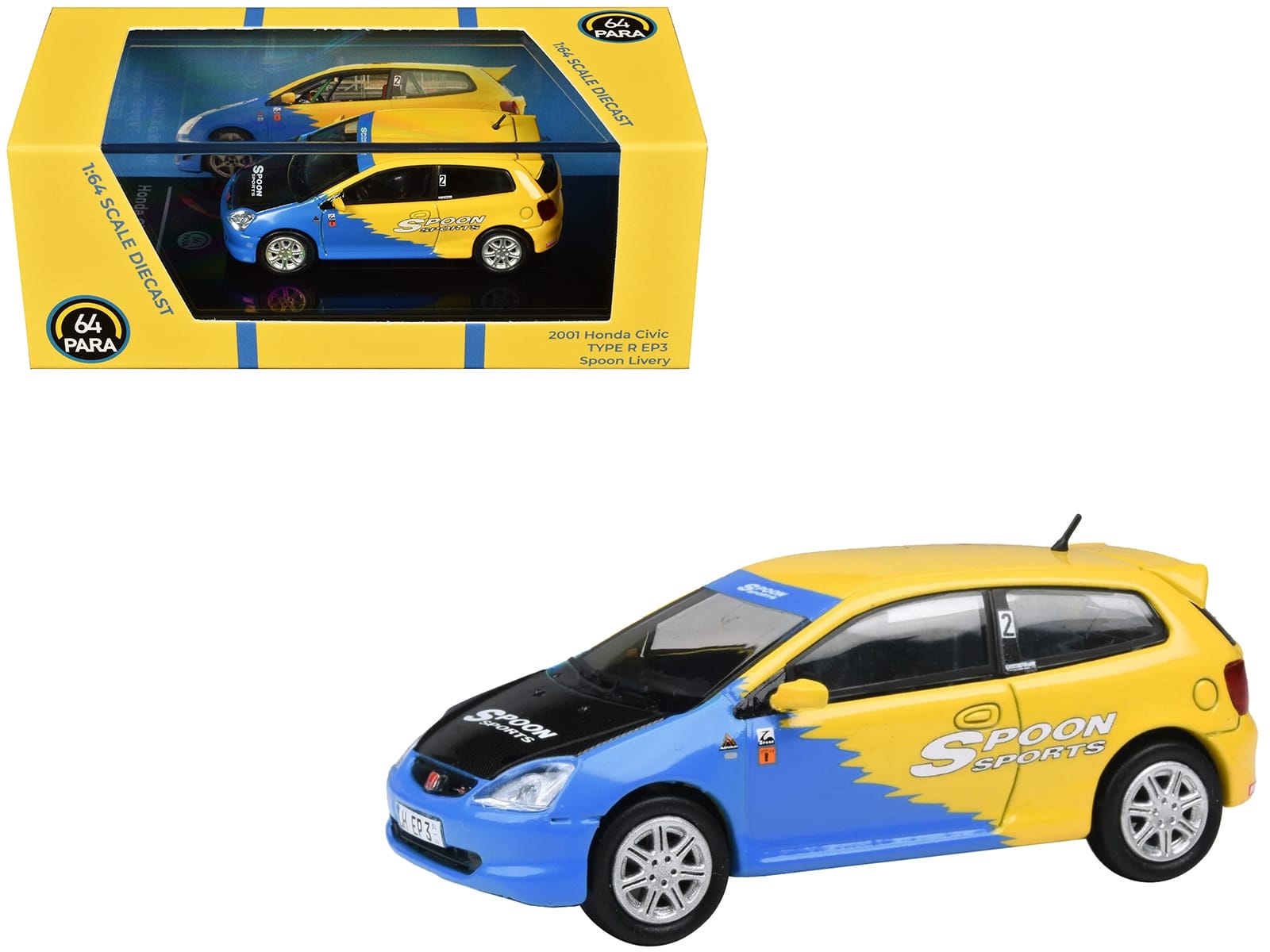 2001 Honda Civic Type R EP3 Blue and Yellow with Black Hood "Spoon Sports" 1/64 Diecast Model Car by Paragon Models - Image 3
