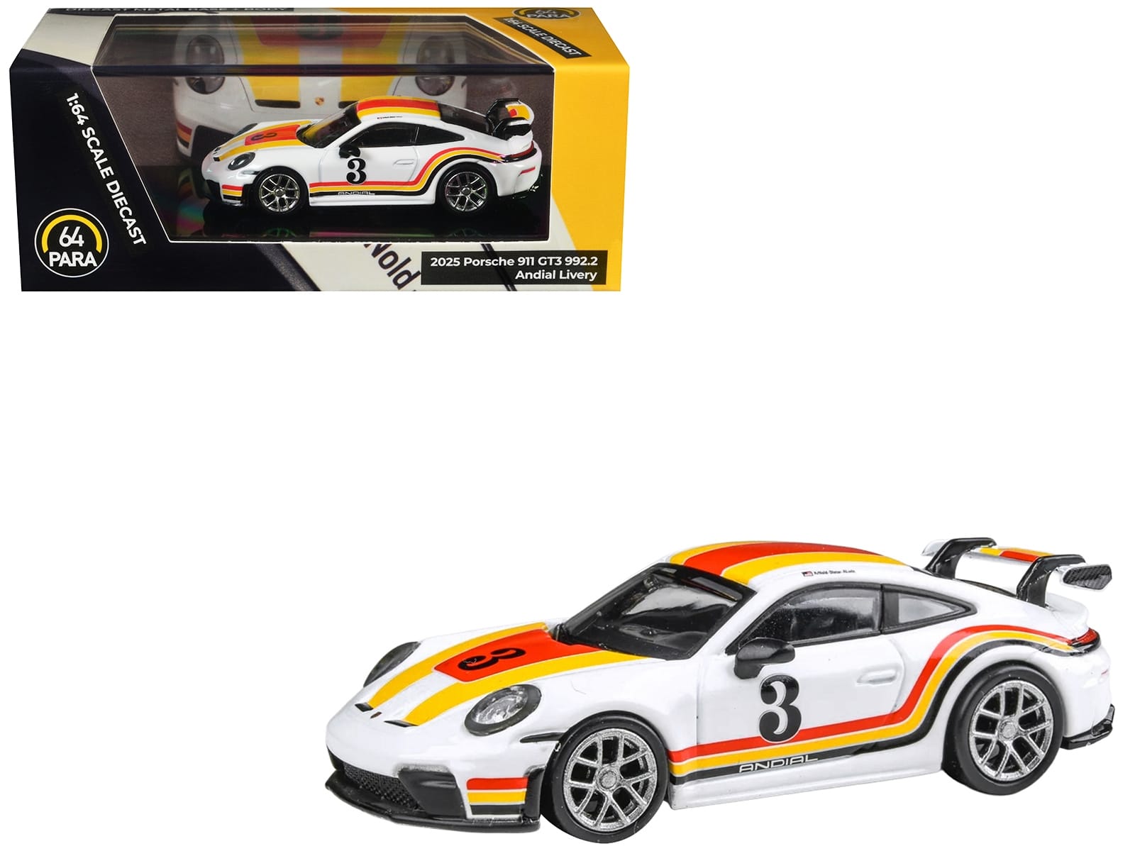 2025 Porsche 911 GT3 (992.2) #3 "Andial Livery" White with Stripes 1/64 Diecast Model Car by Paragon Models