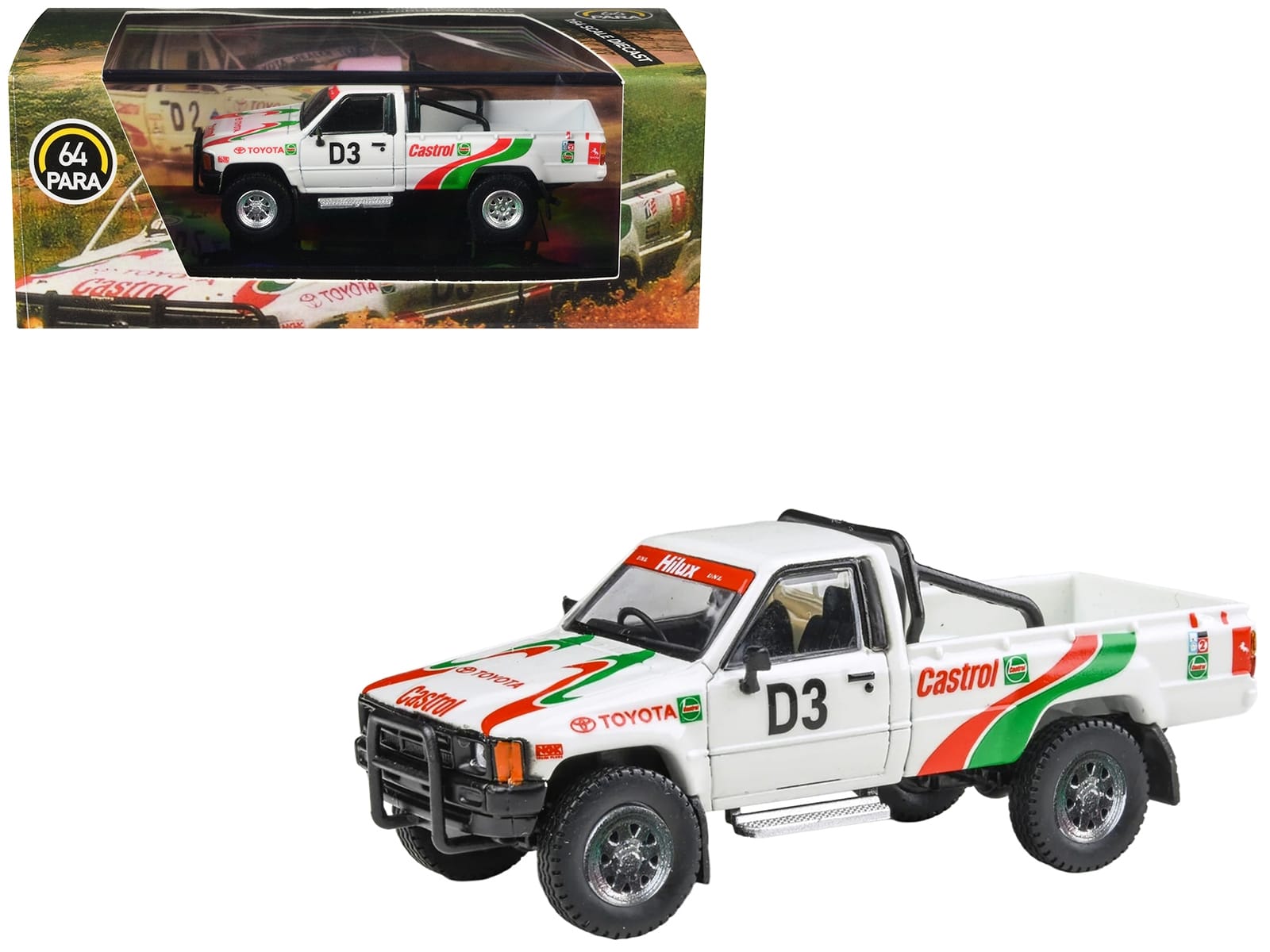 Toyota Hilux Pickup Truck #D3 "Castrol" White with Graphics "Rustenburg 400 Rally" (1995) 1/64 Diecast Model Car by Paragon Models