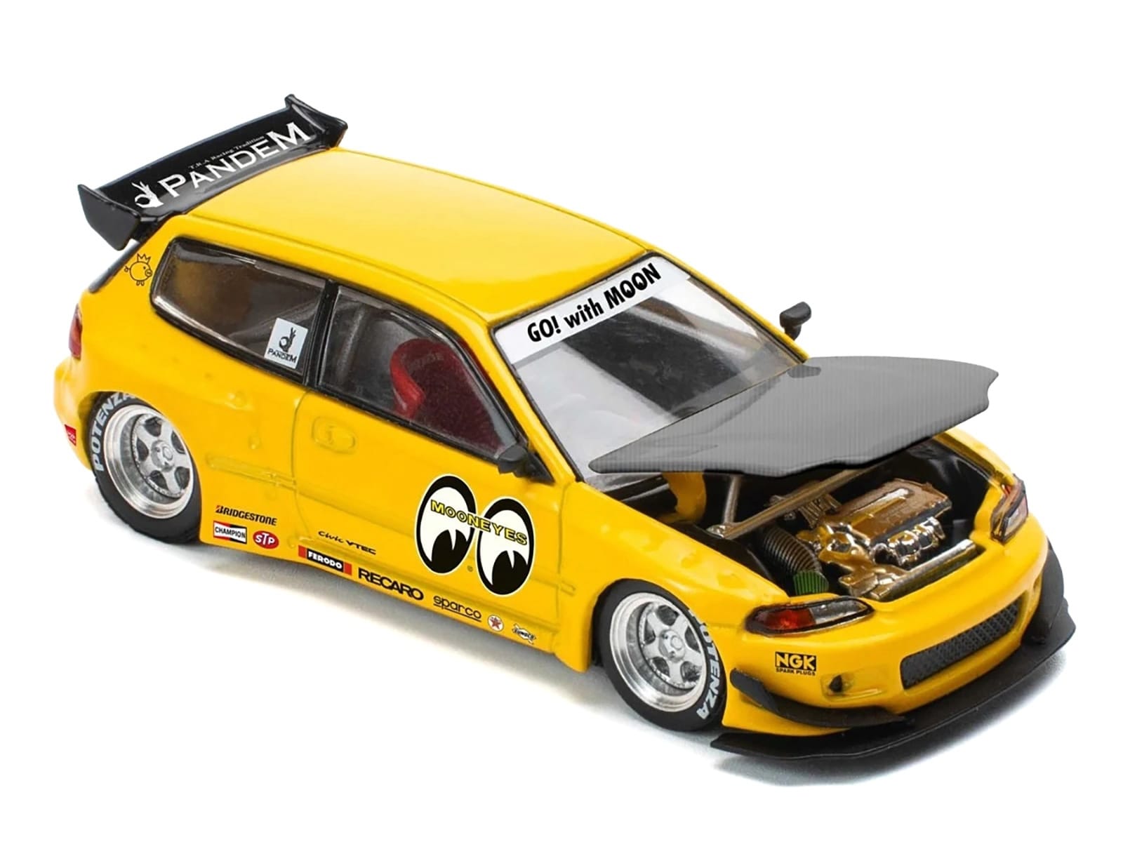 Pandem Civic EG6 RHD (Right Hand Drive) "Mooneyes" Yellow with Carbon Hood "Enigma Exclusive Edition" 1/64 Diecast Model Car by Pop Race - Image 2
