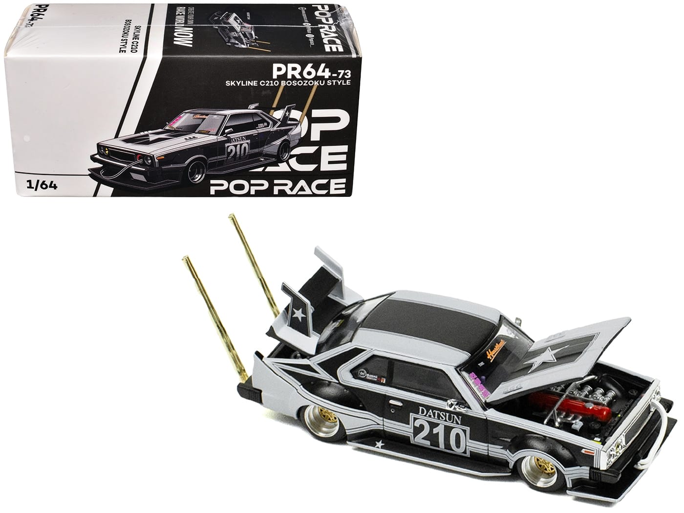 Skyline C210 "Bosozoku Style" RHD (Right Hand Drive) #210 Matt Black and Silver 1/64 Diecast Model Car by Pop Race - Image 3