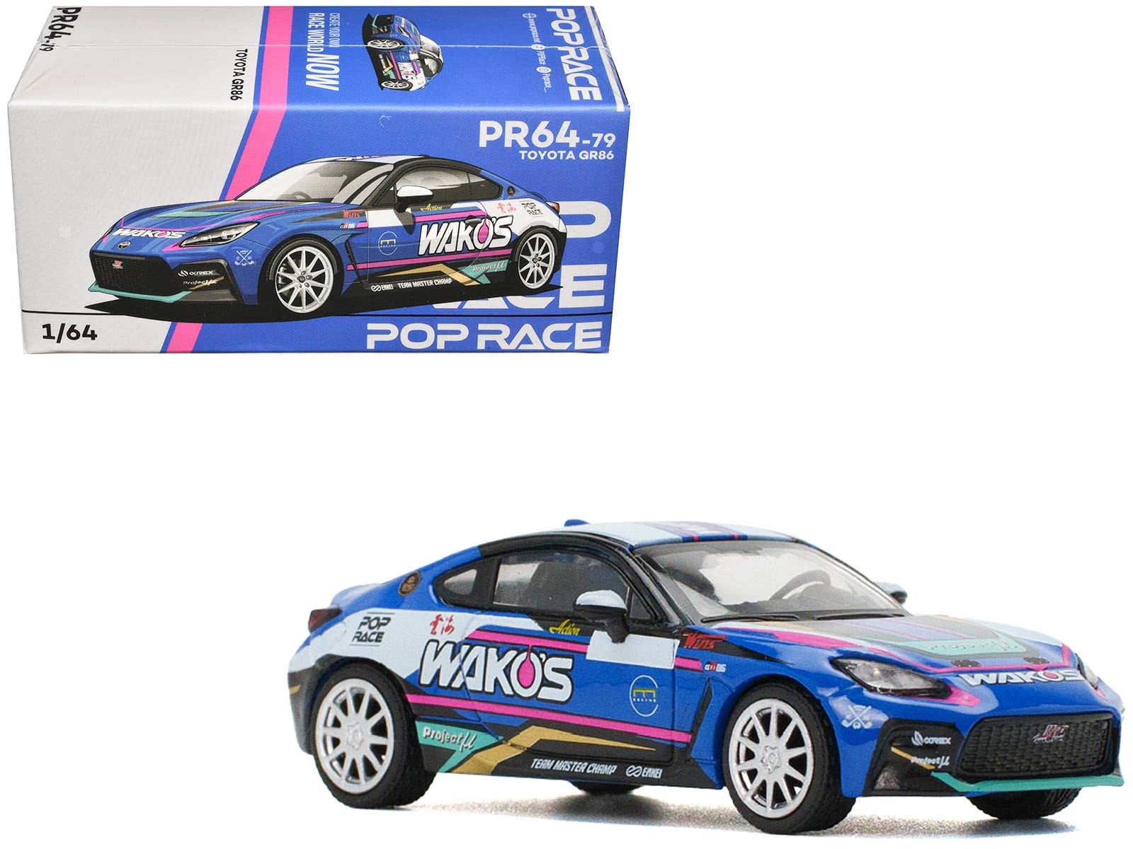 Toyota GR86 "Wako's" Blue with Graphics 1/64 Diecast Model Car by Pop Race - Image 3